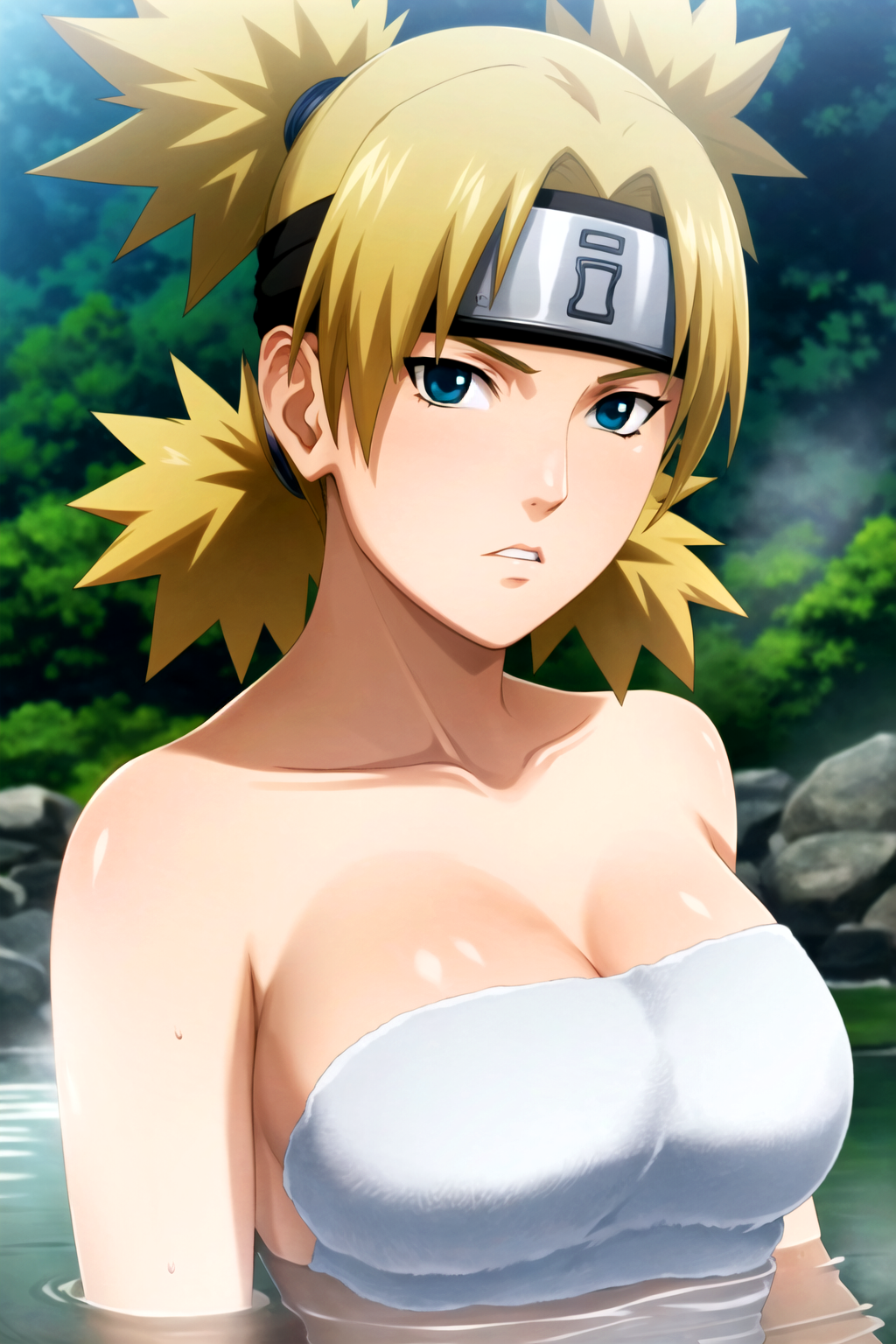 1girls ai_generated arms_under_breasts bare_chest bare_shoulders bathhouse big_breasts blonde_hair blush cleavage collarbone embarrassed female female_only headband hot_spring huge_breasts large_breasts legs_together light-skinned_female light_skin looking_at_viewer nai_diffusion naked_towel naruto naruto_(series) naruto_shippuden onsen oppai ponytail quad_tails rindo shiny shiny_hair shiny_skin sitting stable_diffusion sunagakure_symbol teal_eyes temari tied_hair towel towel_only tsundere upper_body voluptuous wet wet_body wet_skin