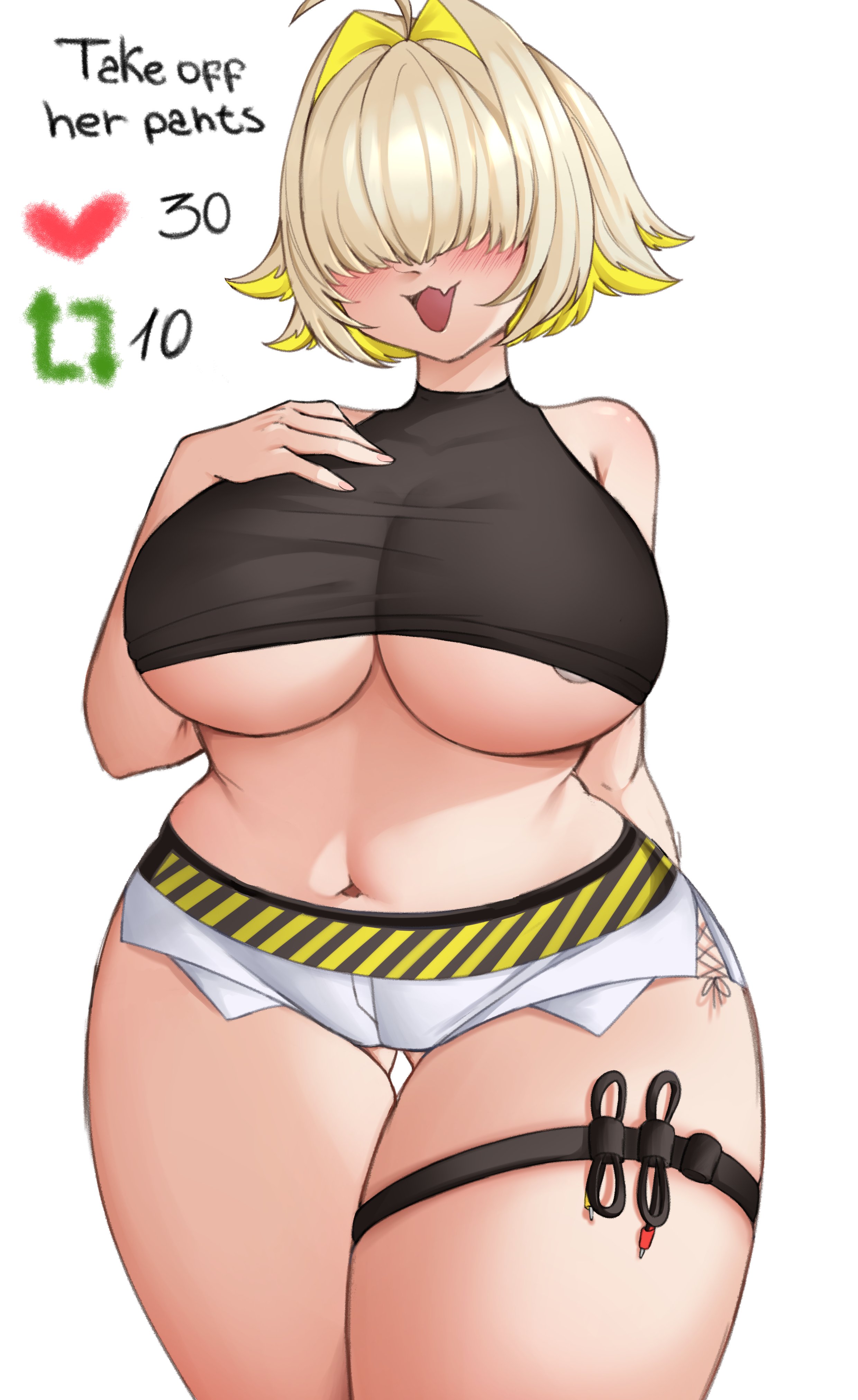 1girls, ahoge, ass visible through thighs, belly, belly button, blonde hair, blush, breasts, elegg (nikke), female, goddess of victory: nikke, hair over eyes, large breasts, open mouth, plump, strip game, thick thighs, tight clothing, underboob, white background, wide hips