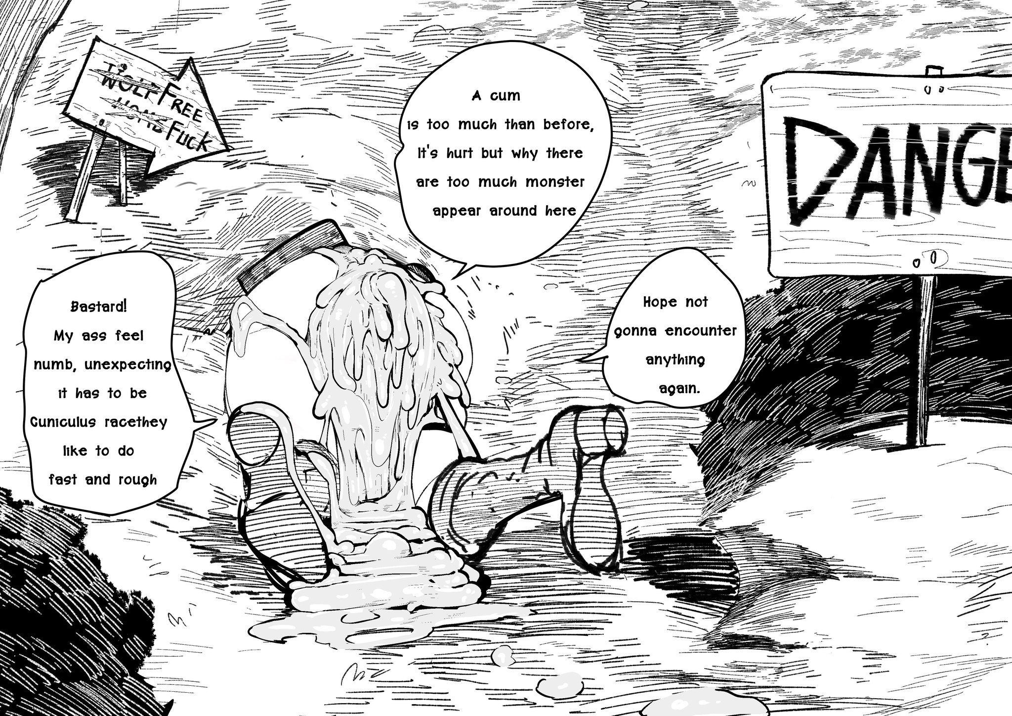 1boy, after anal, after rape, after sex, ass, big ass, cum, cum inside, excessive cum, femboy, gay, green (artist), green (original), male, male focus, oc, original, original character, rape, raped, speech bubble, stuck, stuck in wall, tagme, text, thick thighs, through wall, wide hips