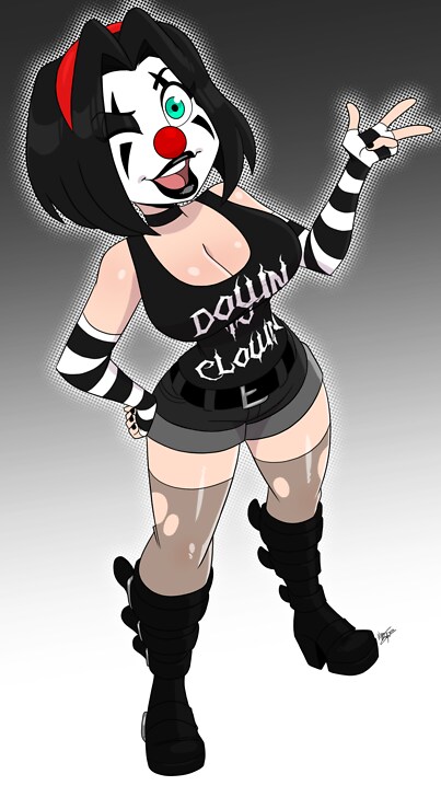 1girls, aeolus06, bimbo, black lipstick, blush, boots, breasts, busty, circus, cleavage, clothed, clown, clown girl, clown makeup, clown nose, curvy, eyeshadow, female, giggles the slutty clown, goth, goth girl, high heels, hourglass figure, legs, lipstick, looking at viewer, lower body, makeup, original character, platform boots, short shorts, solo, solo female, stockings, striped legwear, thick, thigh highs, thighhighs, upper body, voluptuous, wink, winking