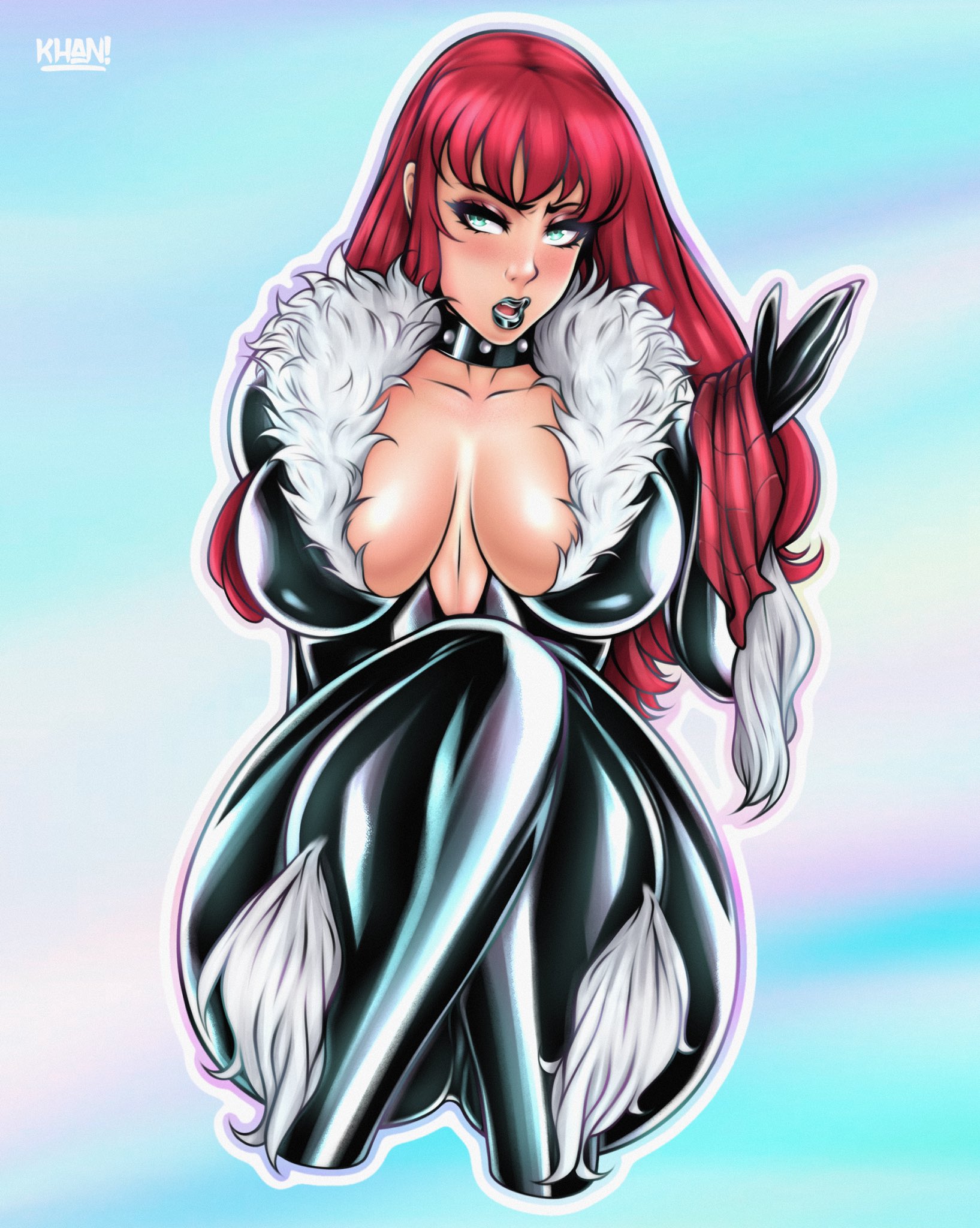 1girls, black cat (cosplay), black lipstick, bodysuit, breasts, cleavage, female, female only, flatillustratorkhan, green eyes, hi res, hourglass figure, howardk, howardk1999, khan!, large breasts, lipstick, looking at viewer, marvel, marvel comics, mary jane watson, red hair, redhead, solo, spider-man (series), supervillain costume, tight clothing