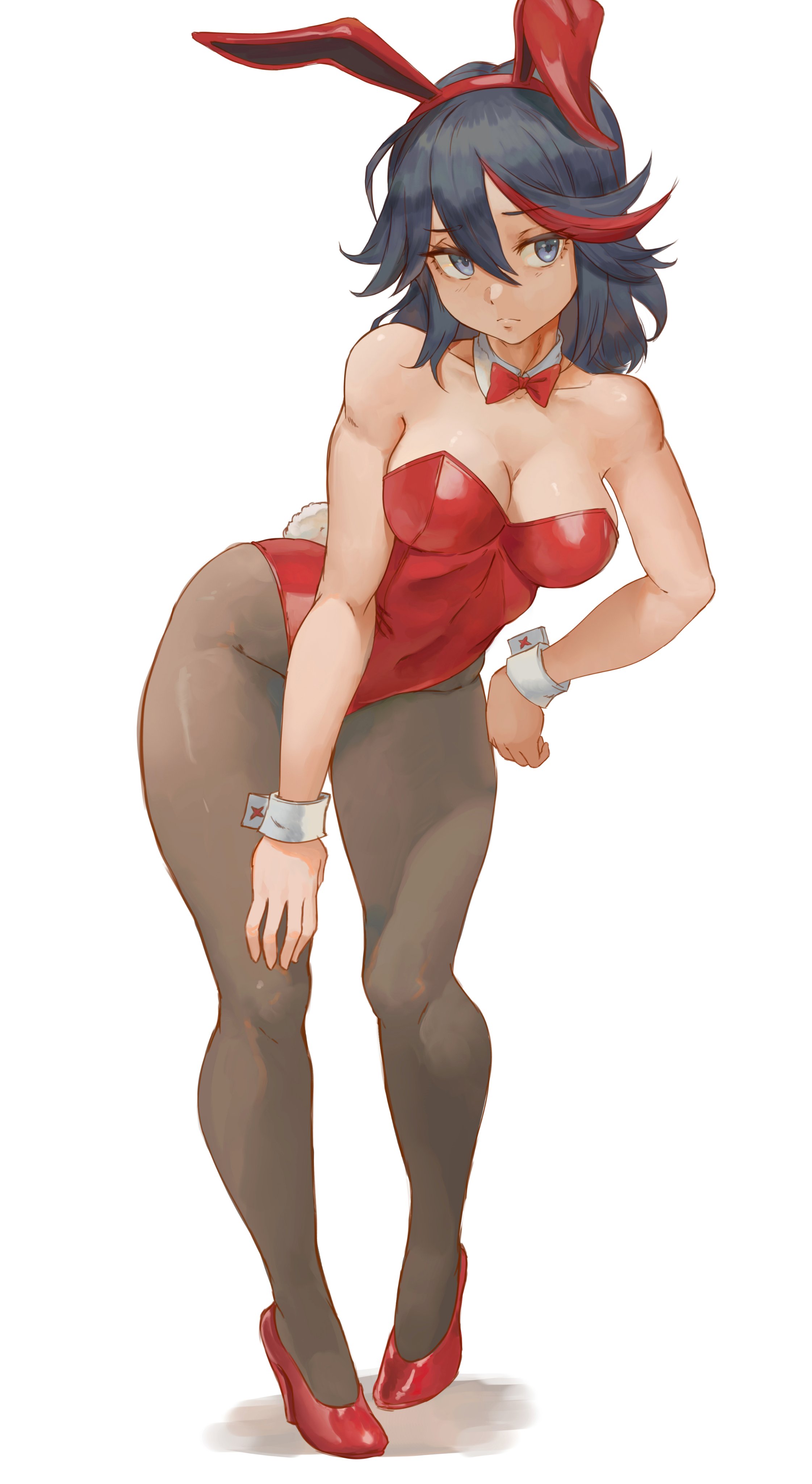 1girls, 2022, black hair, black-haired female, blue eyes, breasts, bunny ears, bunny girl, bunnysuit, cutesexyrobutts (style), female, female only, high heels, hips, kill la kill, large breasts, leaning back, lesottart, looking at viewer, matoi ryuuko, red clothing, short hair, slim waist, solo, solo female, thick thighs, thighs, wide hips