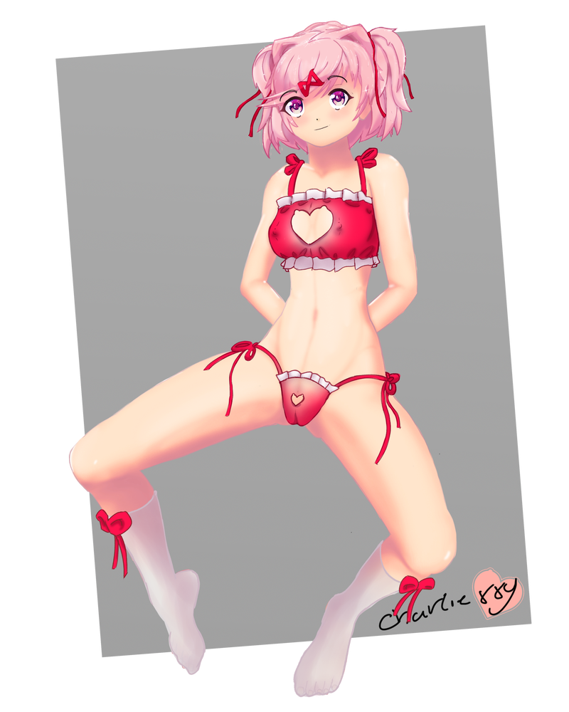 1girls arms_behind_back bra doki_doki_literature_club female female_only heart_bra heart_panties looking_at_viewer natsuki_(doki_doki_literature_club) panties pink_bra pink_eyes pink_hair pink_panties smiling solo