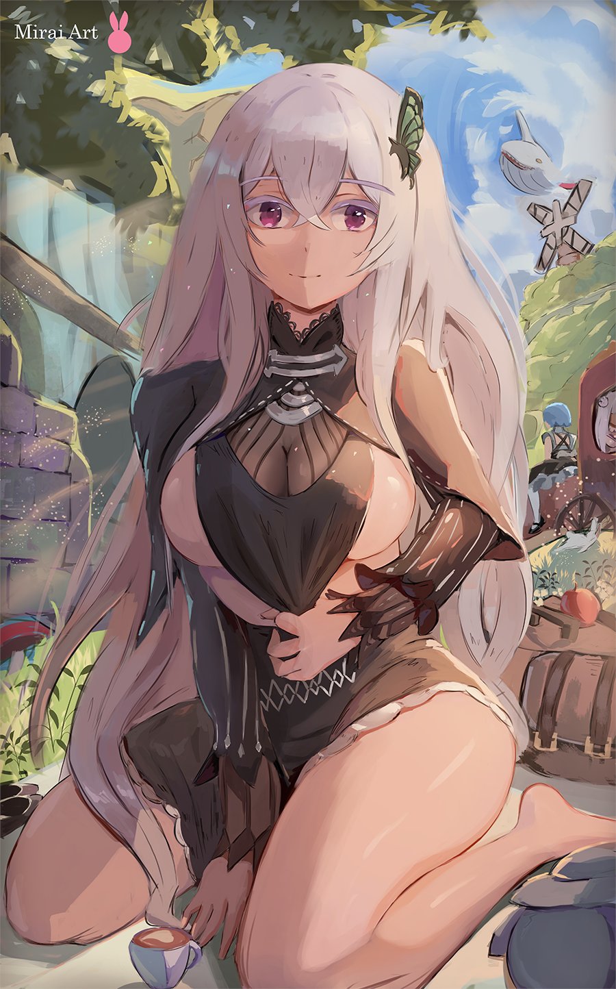 2022, 2girls, artist signature, big breasts, bodily fluids, breasts, butterfly hair ornament, character in background, echidna (re:zero), female, hips, long hair, looking at viewer, miraihikari, outdoors, re:zero kara hajimeru isekai seikatsu, red eyes, rem (re:zero), sideboob, slim waist, thick thighs, thighs, very long hair, white hair, wide hips