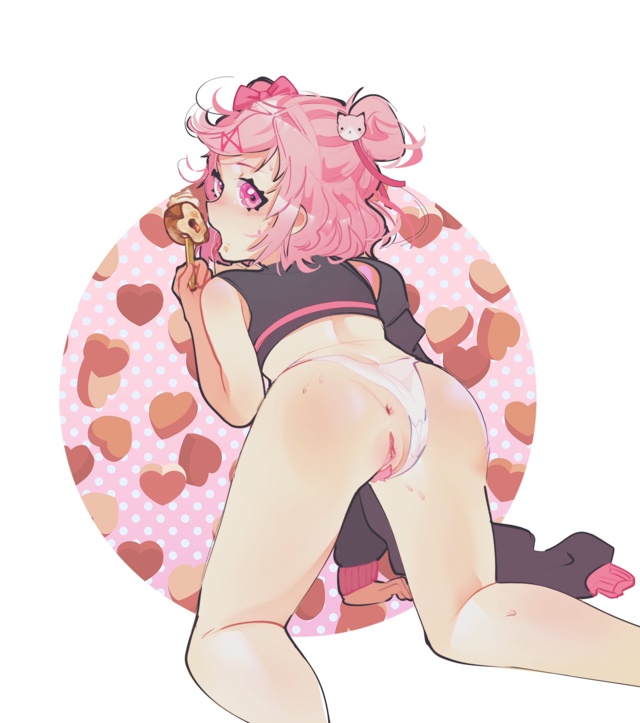 1girls, about to eat, animal hair ornament, animal hairclip, black clothes, bojacksito, cat hair ornament, cat hairclip, doki doki literature club, donut, eating, female, female only, food, food on stick, heart, looking back, looking back at viewer, looking behind, natsuki (doki doki literature club), on hands and knees, panties, panties aside, pink eyes, pink hair, solo, thatlewdshild