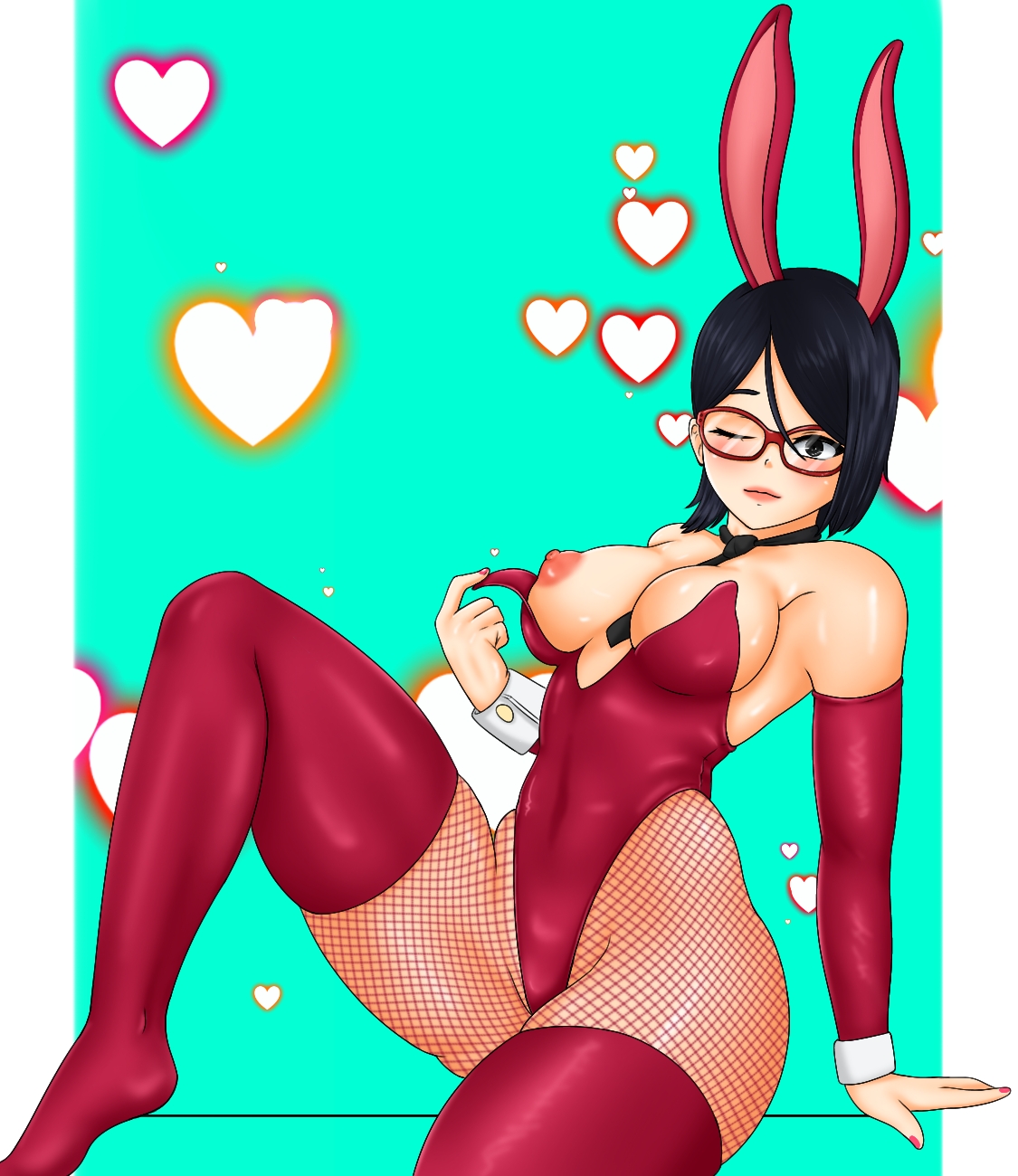 1girls, areolae, armwear, artesauioss, big breasts, black eyes, black hair, blush, boruto: naruto next generations, breasts, breasts out, breasts outside, bunny ears, bunny girl, bunnysuit, cleavage, cuffs, curvaceous, curvy, curvy figure, erect nipples, fake animal ears, female, female focus, female only, fishnet legwear, fishnets, glasses, inner sideboob, large areolae, large breasts, legwear, light skin, light-skinned female, lips, lipstick, makeup, nail polish, naruto, naruto (series), nipples, no bra, one breast out, one eye closed, painted nails, pantyhose, perky breasts, pink legwear, pink lips, pink lipstick, pink nail polish, pink nails, pink nipples, pinup, pose, posing, sarada uchiha, short hair, shounen jump, sideboob, sitting, solo, solo female, solo focus, tease, teasing, teasing viewer, thighhighs, tie, undressing, voluptuous, wide hips, wink
