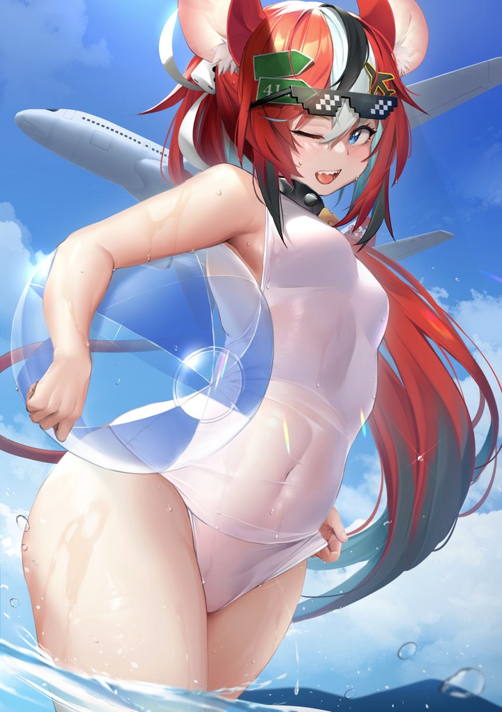 beach beach_ball black_hair choker eyewear_on_head hair_ornament hakos_baelz hololive hololive_english hololive_english_-council- hololive_english_-promise- one-piece_swimsuit plane rat_ears red_hair small_breasts spiked_collar sunglasses sunglasses_on_head swimsuit tail thick_thighs virtual_youtuber water wide_hips wink