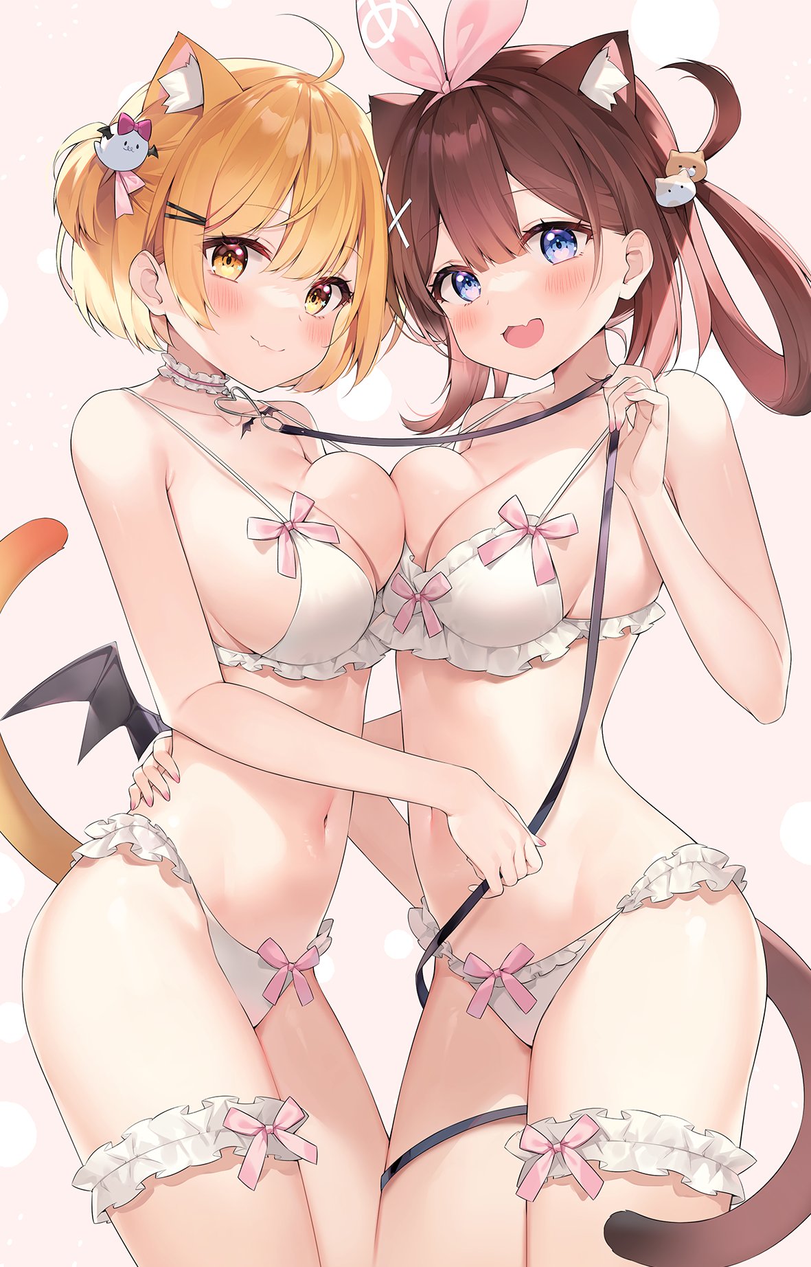 2girls :3 :d ahoge animal_ears ayamy ayamy_(vtuber) bare_arms bare_shoulders bat_wings blonde_female blonde_hair blue_eyes bra breast_press breasts bridal_garter brown_hair cat_ears cat_girl cat_tail choker cleavage cowboy_shot cute_fang extra_ears female frilled_bra frilled_choker frilled_panties frills hair_rings hand_on_another's_back heart_in_eye highres hololive hololive_gen_1 hololive_japan indie_virtual_youtuber kemonomimi_mode leash lingerie long_hair looking_at_viewer medium_breasts mini_wings multiple_girls navel oerba_yun_fang one_side_up open_mouth panties ribbon short_hair smile stomach strap_gap symmetrical_docking tail tail_raised thigh_strap thighs underwear underwear_only virtual_youtuber white_bra white_panties wings yellow_eyes yozora_mel