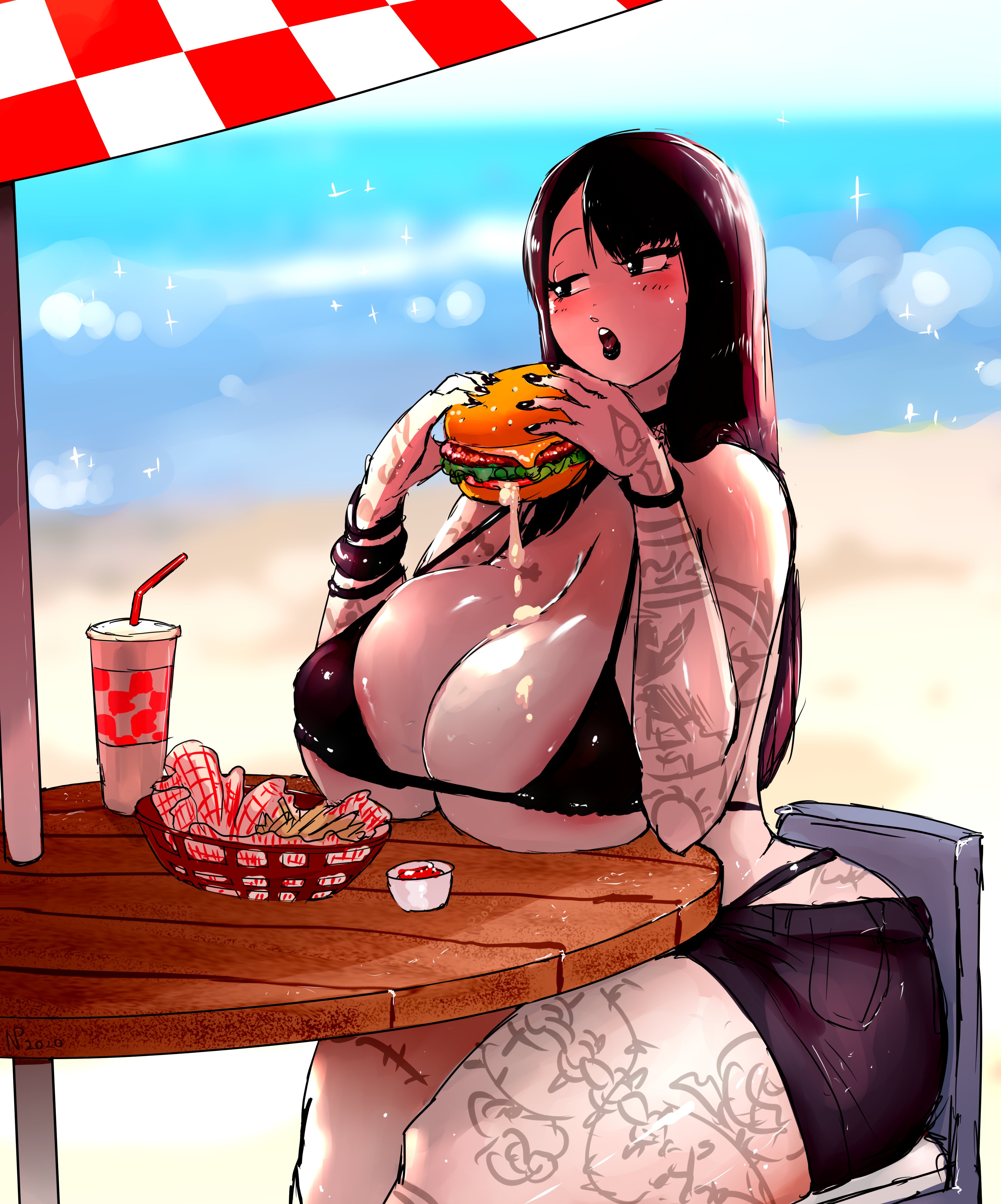 beach, big breasts, big thighs, black eyes, black hair, black lipstick, blush, breasts, burger, cup, dark hair, dripping, dripping grease, eating, eating burger, eating food, fast food, female, food, food on body, food on breasts, fries, gausscannon, goth, holding, holding burger, holding food, holding object, huge breasts, huge thighs, original, original character, painted nails, rose (gausscannon), soda, soda cup, tattoo on arm, tattoo on legs, tattooed arm, tattoos, thick legs, thick thighs, thunder thighs