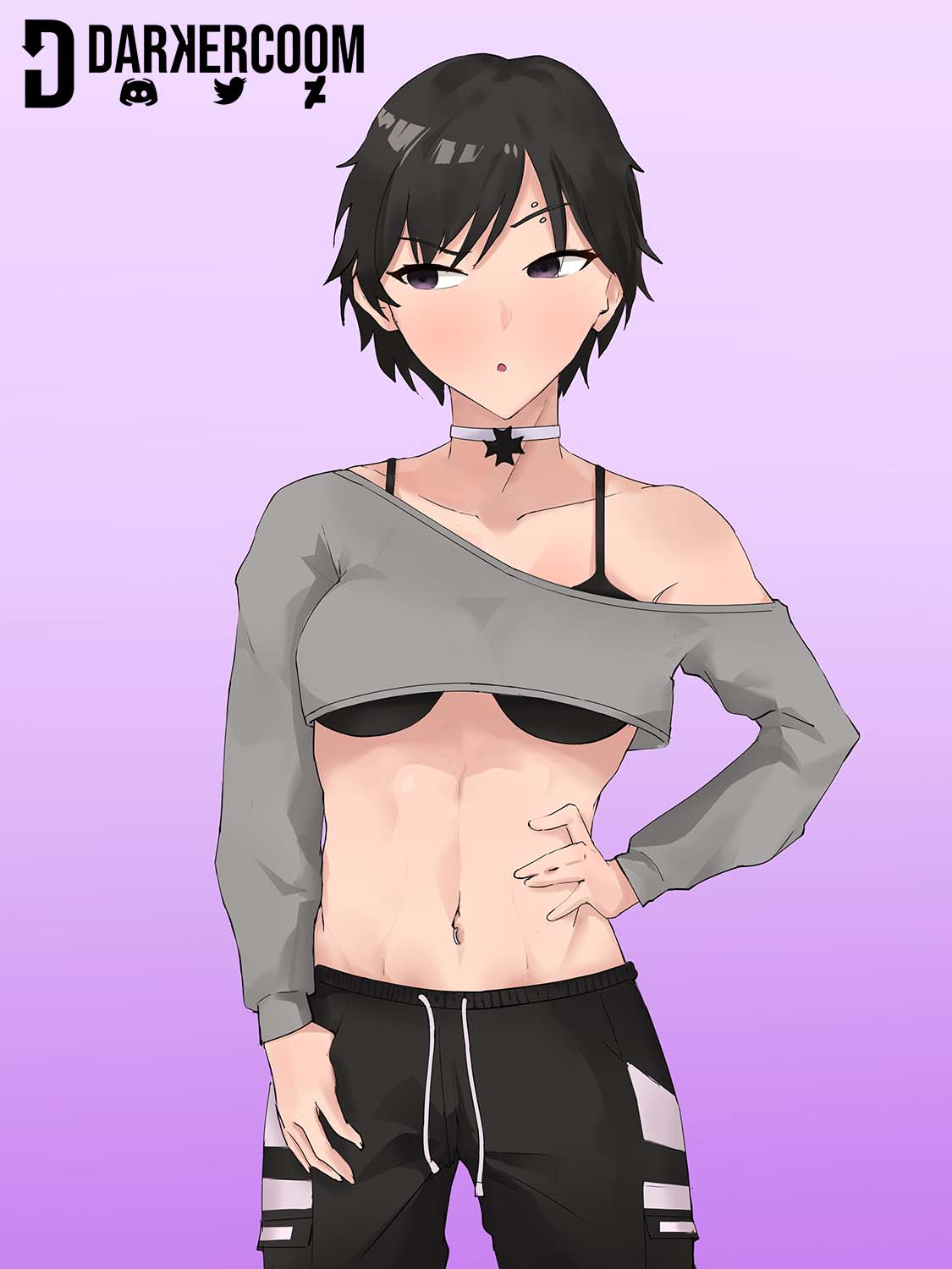 1girls :o black_bra black_eyes black_hair choker darkercoom female female_only goth light-skinned_female short_hair simple_background solo solo_female