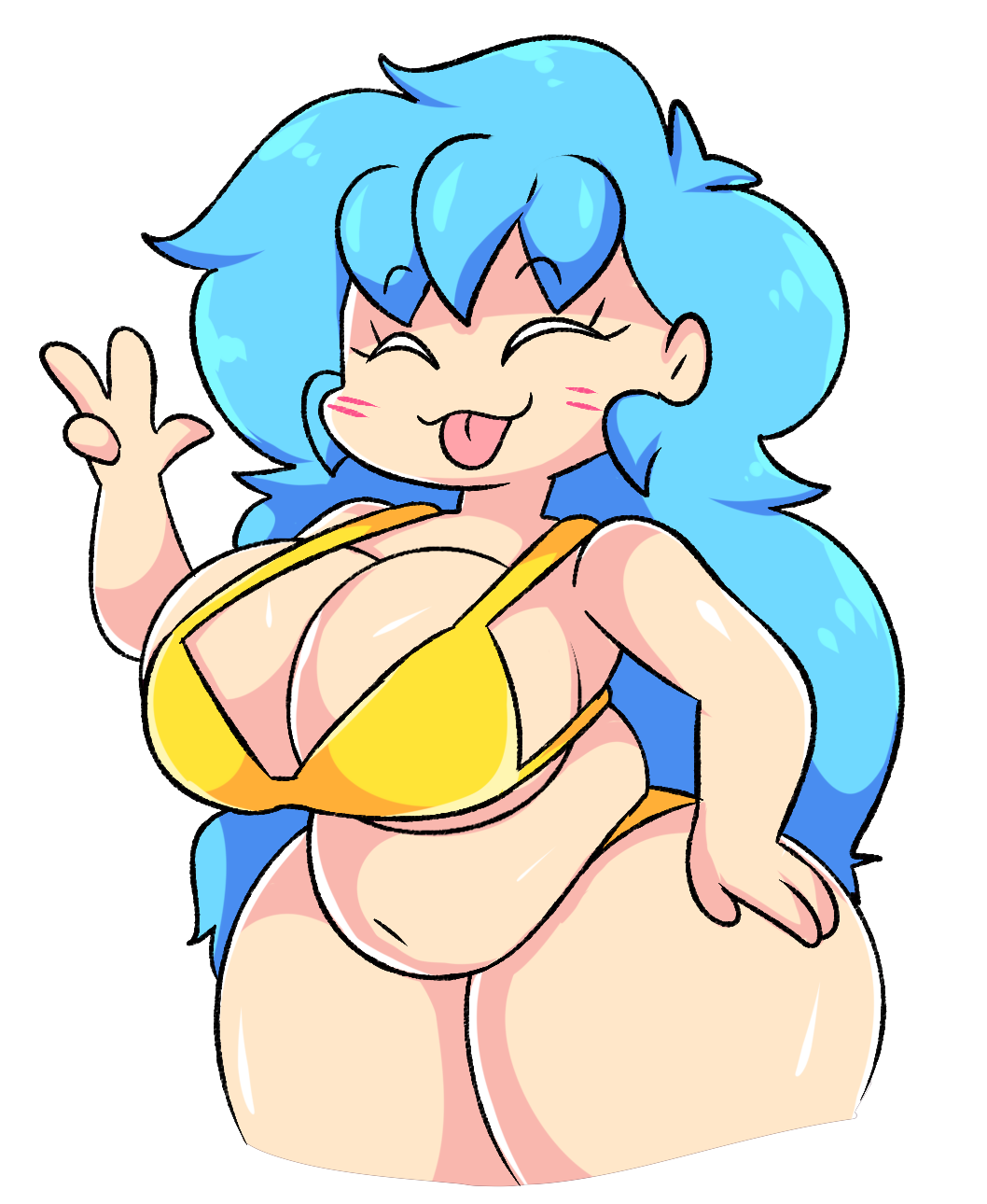 1girls 2023 4_fingers :3 bangs belly belly_overhang big_breasts bikini blue_hair blush chikiababy chonk_mama chubby chubby_female eyebrows_visible_through_hair eyelashes friday_night_funkin hand_on_hip hand_on_thigh long_hair sky_(friday_night_funkin) skyblue solo_focus thick_thighs tight_clothing tongue_out v venus_body yellow_bikini