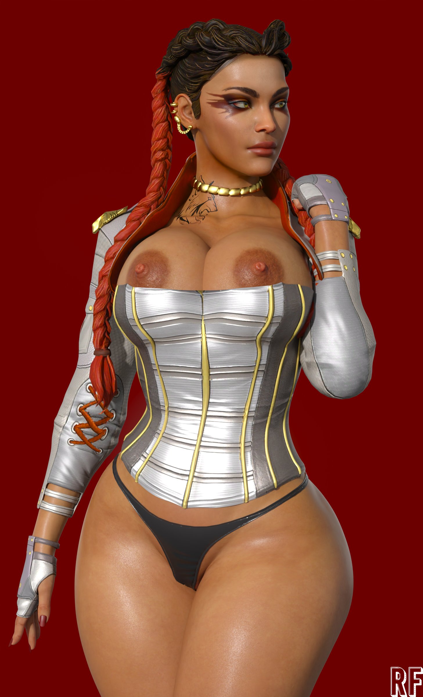 1girls, 3d, absurd res, apex legends, areola slip, big breasts, brazilian, breasts, dark skin, dark-skinned female, female, female only, hi res, large breasts, latina, loba (apex legends), rude frog, solo, thick thighs, thong, wide hips