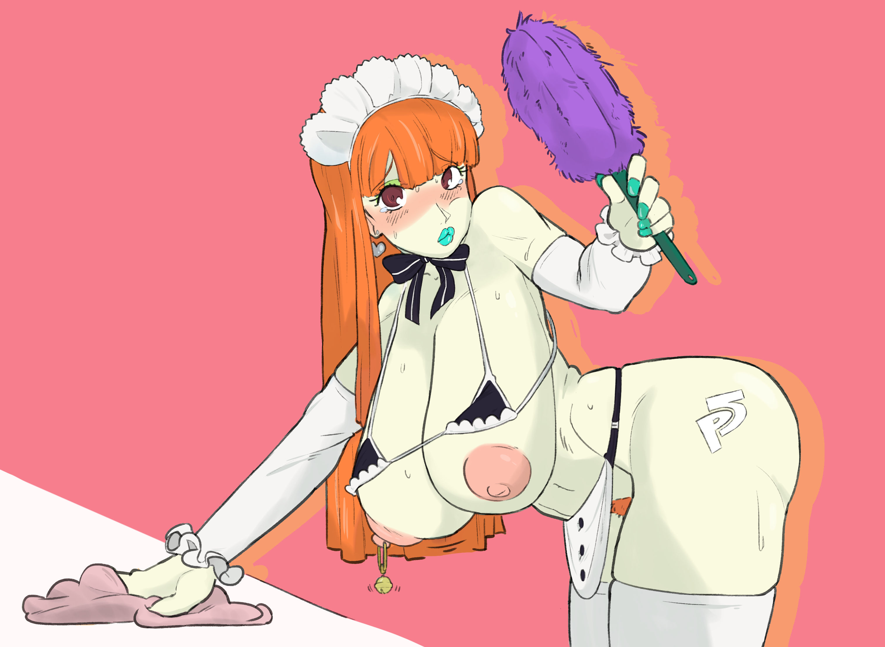 ass, bimbo, bimbofication, blush, breasts, cleaning, female, gibberish (artist), huge ass, huge breasts, lipstick, maid, maid uniform, nipples, orange hair, persona, persona 5, sakura futaba, wide hips