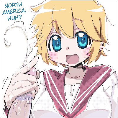 blonde_hair blue_eyes cum female handjob hard_translated human lowres lucky_star male oekaki patricia_martin penis school_uniform serafuku short_hair smile straight translated uncensored