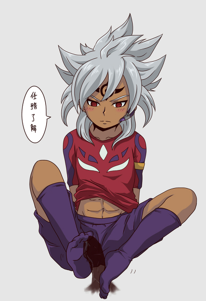 abs baddap_sleed dark_skin feet footjob footjob_with_legwear footwear grey_hair inazuma_eleven inazuma_eleven_(series) knee_socks kneehighs kneesocks male navel penis purple_socks sitting sockjob socks yaoi