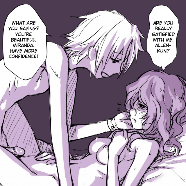 1boy 1girls allen_walker bed blush breasts d.gray-man happy hard_translated lying_down miranda_lotto missionary_position monochrome mosha nervous nude penis romantic sweat text translated uncensored