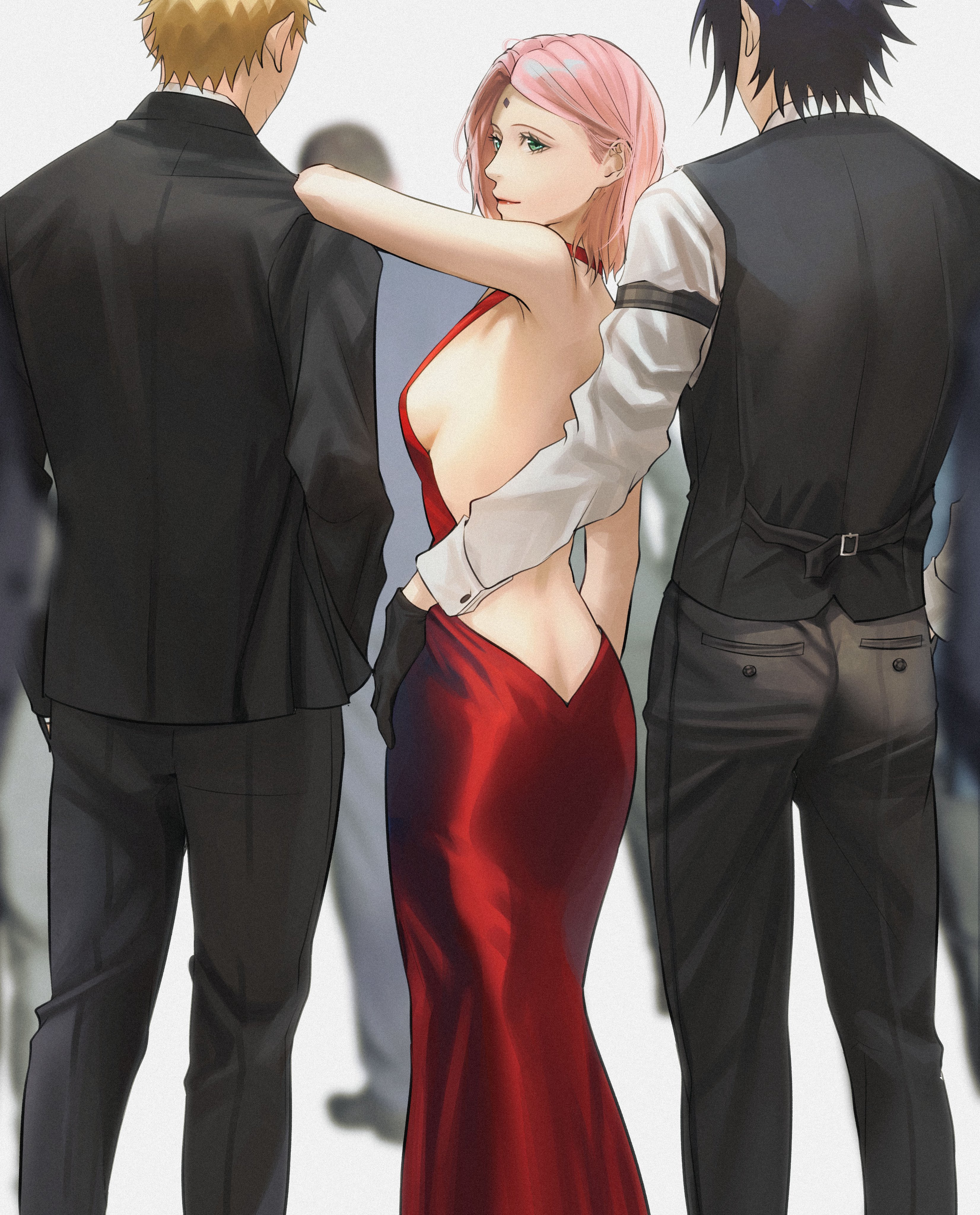 1girls, 2boys, arm on shoulder, backless dress, breasts, clothed, dress, elegant, elegant dress, female, green eyes, hand on hip, looking back, male, naruto, naruto (series), naruto shippuden, ni23ku, pink hair, red dress, sakura haruno, sandwiched, sasuke uchiha, sideboob, suit, tagme, threesome, uzumaki naruto