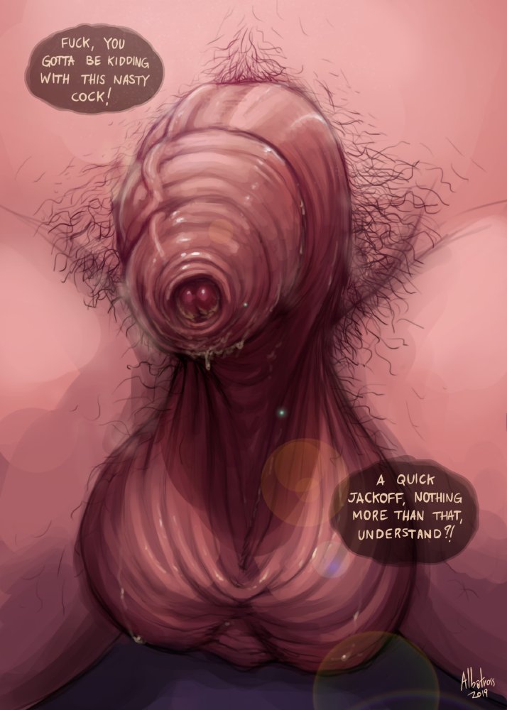 albatross_(artist) balls filth foreskin penis pov pubic_hair smegma stray_pubic_hair taker_pov text text_bubble uncircumcised veiny_penis