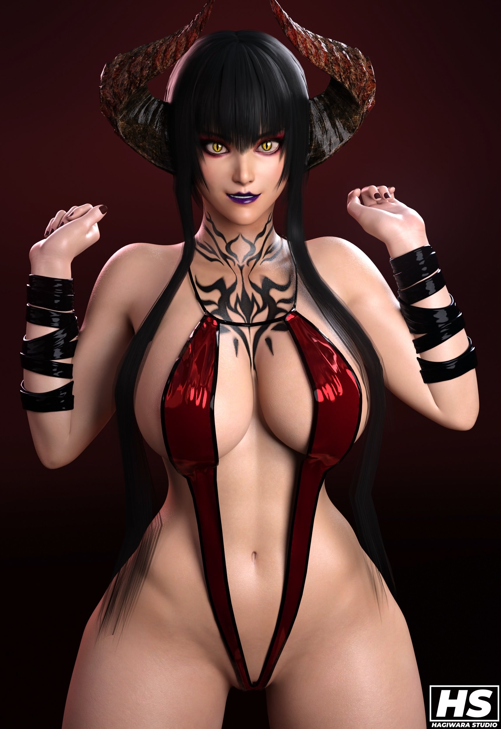 1girls, 3d, alluring, big breasts, bikini, breasts, curved horns, eliza (tekken), female, female only, hagiwara studio, horns, namco, sling bikini, solo, swimsuit, tagme, tattoo, tekken, tekken 7, vampire, vampire girl