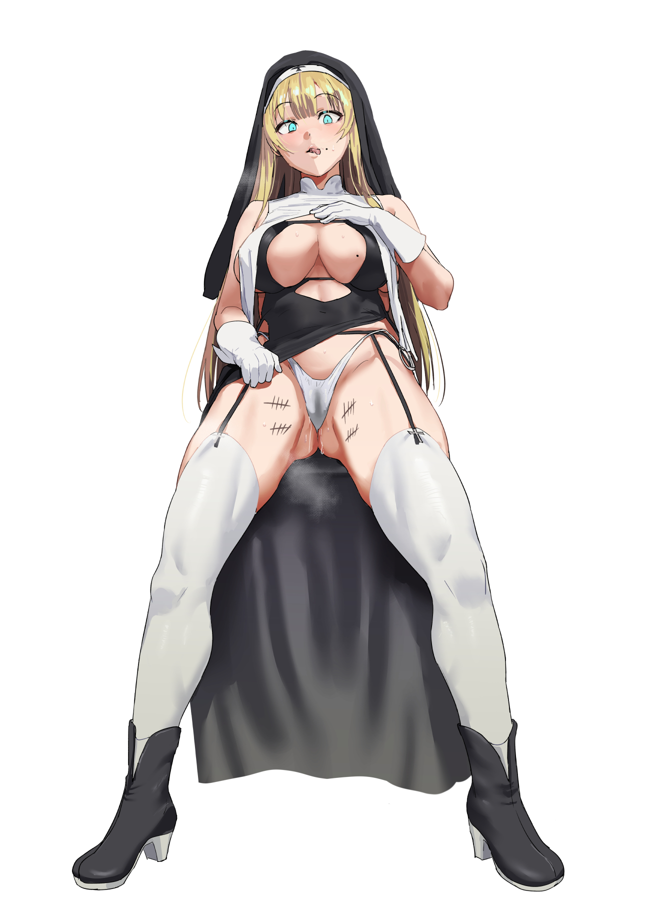big breasts, blue eyes, body writing, bodywriting, breasts, female, high heels, licking lips, nannal, nun, original character, revealing clothes, skimpy clothes, tally marks