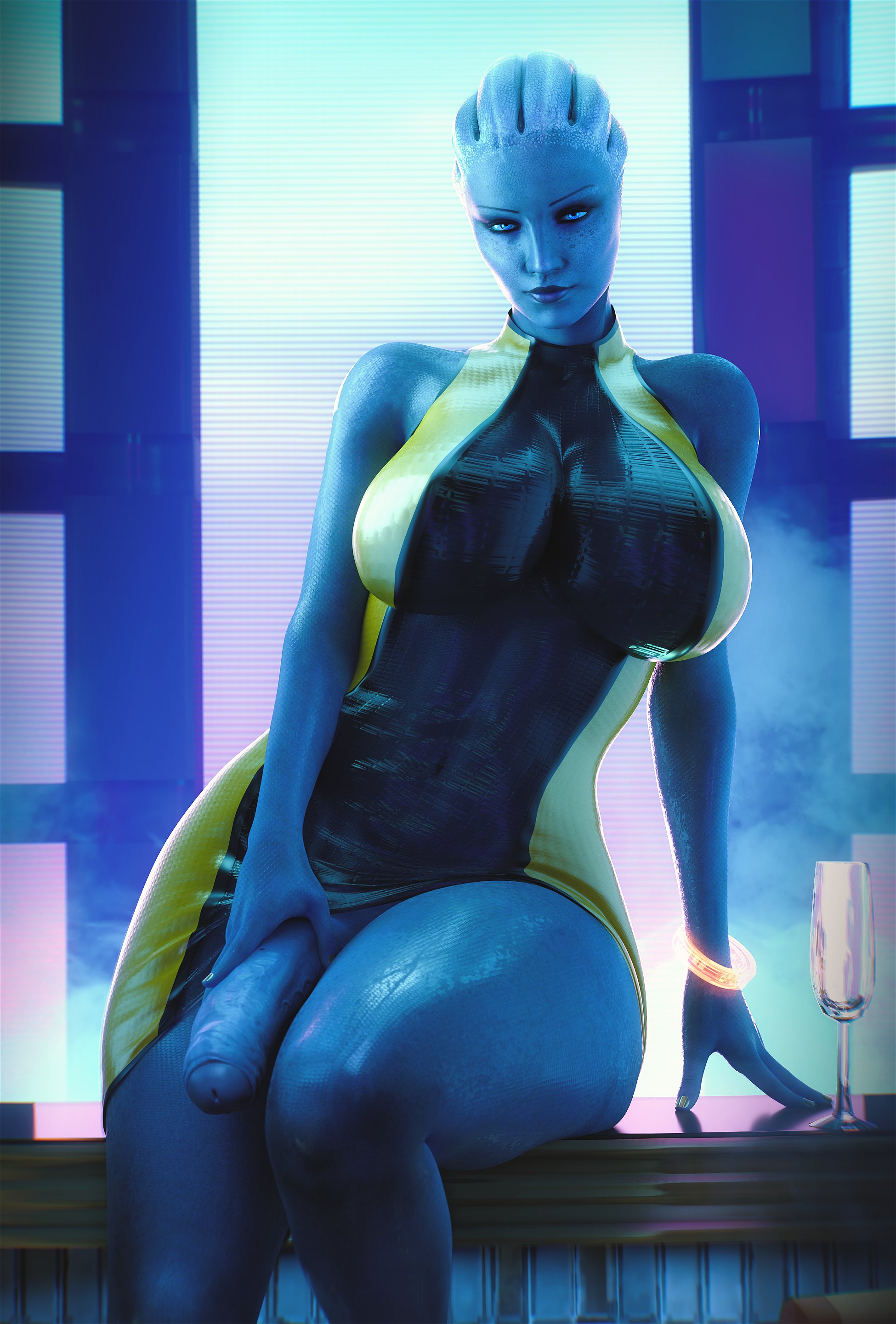 1futa, 3d, alien, alien girl, asari, athletic, athletic futa, big penis, blue skin, bottomless skirt, breasts, clothing, dark skin, dark-skinned futa, dickgirl, dress, erection under clothes, erection under skirt, female, fugtrup, futa only, futanari, half-erect, huge breasts, intersex, large breasts, liara t'soni, looking at viewer, mass effect, penis, penis out, penis under clothes, penis under skirt, realistic, skirt lift, solo, solo futa, thick thighs, tight dress, wide hips