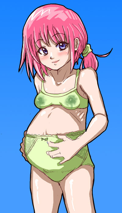 bloated_belly blue_background bra collarbone drg hands_on_belly lactating lactating_through_clothing lactation_through_clothes long_hair looking_at_viewer maternity_underwear pink_hair ponytail pregnant pregnant_female purple_eyes small_breasts smile smiling_at_viewer standing standing_up younger_female