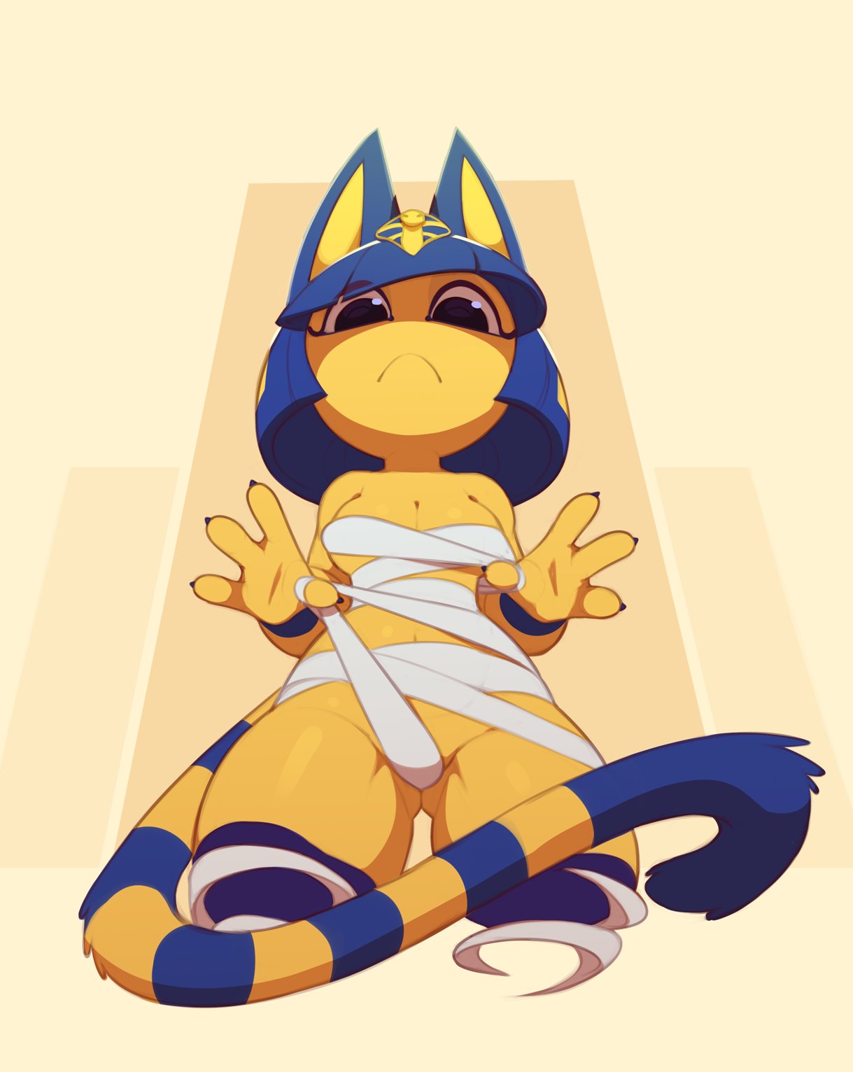 1girls, 4 fingers, animal crossing, ankha, bandages, bangs, black eyes, blue hair, blunt bangs, cat ears, cat tail, egyptian, feline, female, female only, hi res, huffslove, kneeling, looking at viewer, medium hair, nintendo, solo, solo female, tail, viewed from below