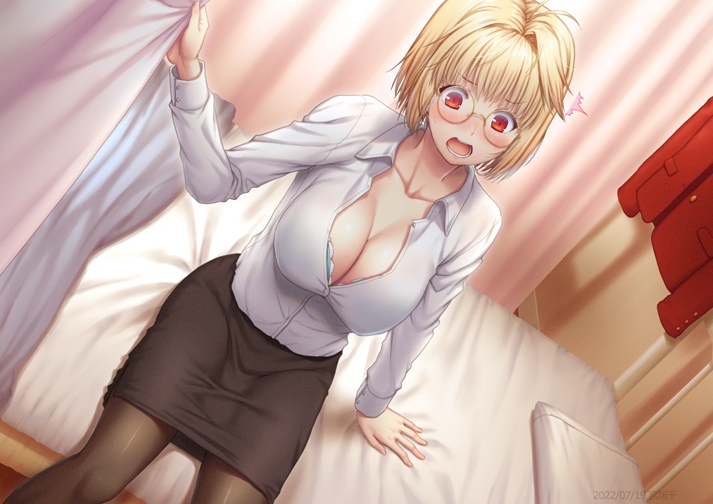 1girls accidental_exposure arcueid_brunestud big_breasts blonde_hair blouse blush bra bra_cups_sticking_out breasts cleavage dutch_angle embarrassed female female_only glasses lingerie looking_down miyai_sen office_lady on_bed open_mouth open_shirt pantyhose pencil_skirt red_eyes shirt short_hair sitting skirt solo tsukihime type-moon uniform