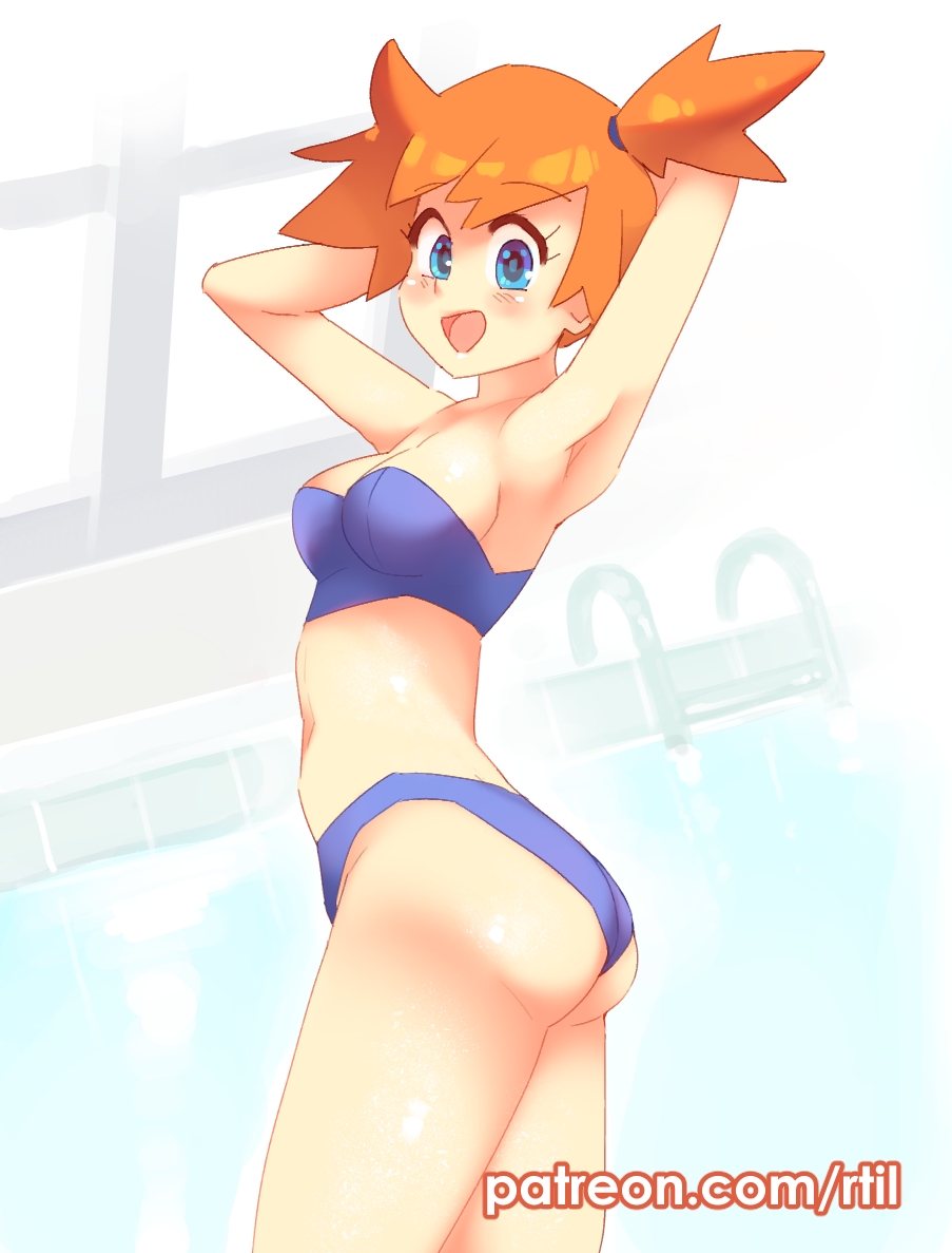 :d armpits arms_behind_head arms_up ass bare_arms bare_shoulders bikini blue_bikini breasts commentary cowboy_shot creatures_(company) english_commentary female game_freak kasumi_(pokemon) medium_breasts nintendo open_mouth orange_hair patreon_username pinup_(style) pokemon pokemon_(anime) pokemon_(classic_anime) rei_no_pool rtil short_hair short_ponytail smile solo swimsuit that_pool thighs