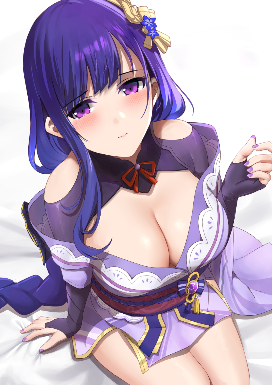 1girls 2022 braided_hair breasts cleavage clothed clothed_female female female_only genshin_impact huge_breasts kauru00 long_hair looking_at_viewer looking_up looking_up_at_viewer purple_eyes purple_hair raiden_shogun thighs very_long_hair