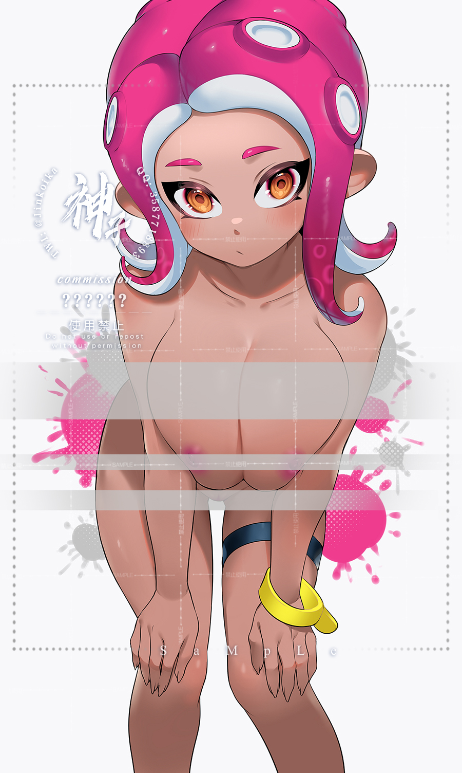 1girls agent_8_(splatoon) breasts brown_skin censor_bar censored censored_breasts censored_nipples censored_pussy color colored female female_focus female_only jinko_uraaka jinkoika large_breasts looking_at_viewer looking_down nintendo nude nude_female octoling octoling_girl orange_eyes pink_hair pink_tentacles solo solo_female splatoon splatoon_(series) splatoon_2 watermark white_background