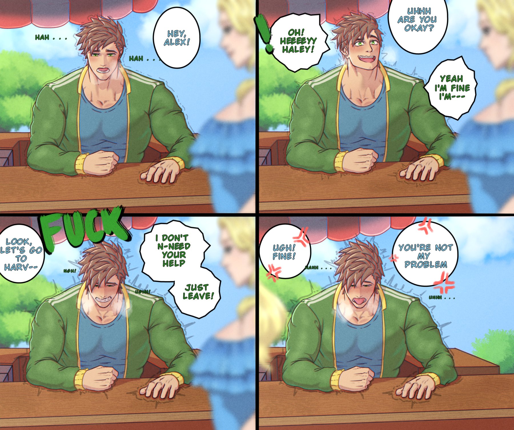 alex mullner, biceps, blush, clothed male, comic, female, khanosera, male, muscular, muscular male, outside, pecs, stardew valley, tagme, tongue, tongue out, under the table, unseen character, video games
