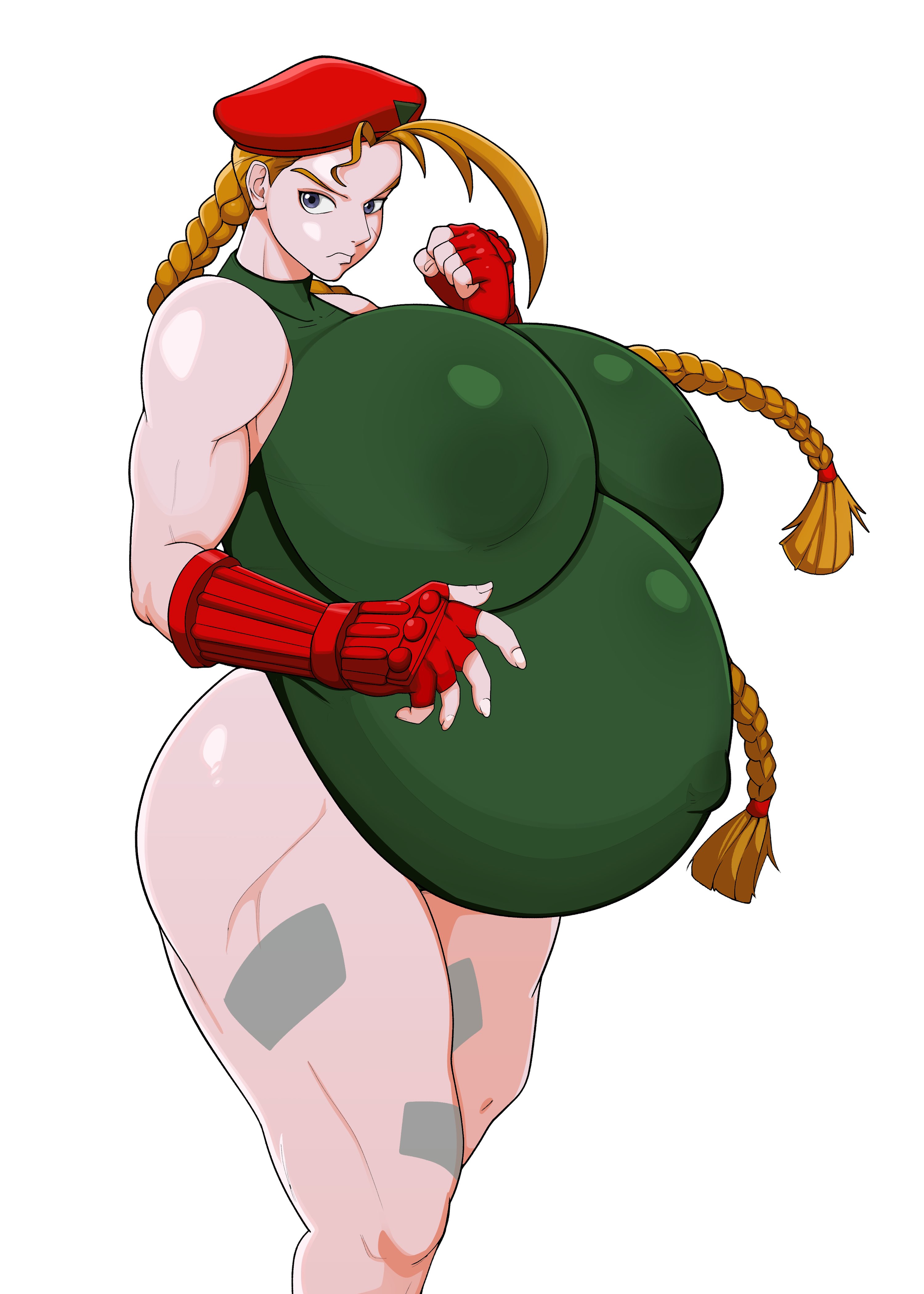 1girls, angry, belly, beret, big belly, big breasts, blonde hair, blue eyes, breasts, cammy white, capcom, clothed, clothing, commission, commissioner upload, female, female only, gloves, huge breasts, light skin, light-skinned female, looking at viewer, muscular, muscular female, nipple bulge, pregnant, scar, solo, solo female, street fighter, tagme, twintails, white background, zeruxu