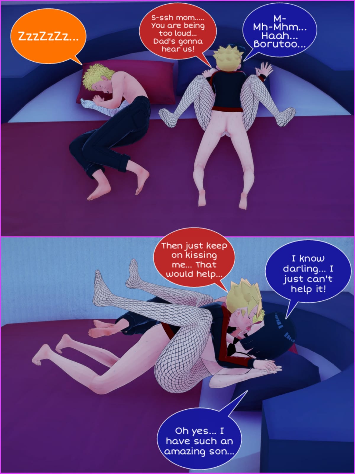 3d, age difference, ass, bed, big ass, blue eyes, boruto: naruto next generations, bra, bubbles, cheating, dark hair, dialogue, feet, female, fishnet legwear, fishnets, french kiss, hyuuga hinata, incest, kelkone, kissing, legs, missionary, missionary position, mother and son, naked, naruto, naruto (series), night, sleeping, stockings, thighs, tongue, tongue kiss, tongue out, uzumaki boruto, uzumaki hinata, uzumaki naruto, whiskers, white eyes, white skin, yellow hair