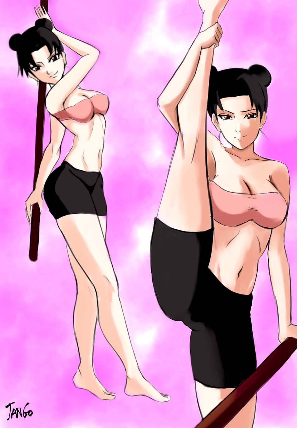 1girls bare_legs bare_shoulders barefoot bike_shorts bo_staff breasts brown_hair crop_top double_bun female female_only flexible hair_bun holding_object holding_weapon jangosmashone kunoichi leg_lift leg_up midriff multiple_views naruto naruto_(series) naruto_shippuden ninja one_leg_up shounen_jump solo solo_focus splits sportswear staff tenten tubetop vertical_splits weapon