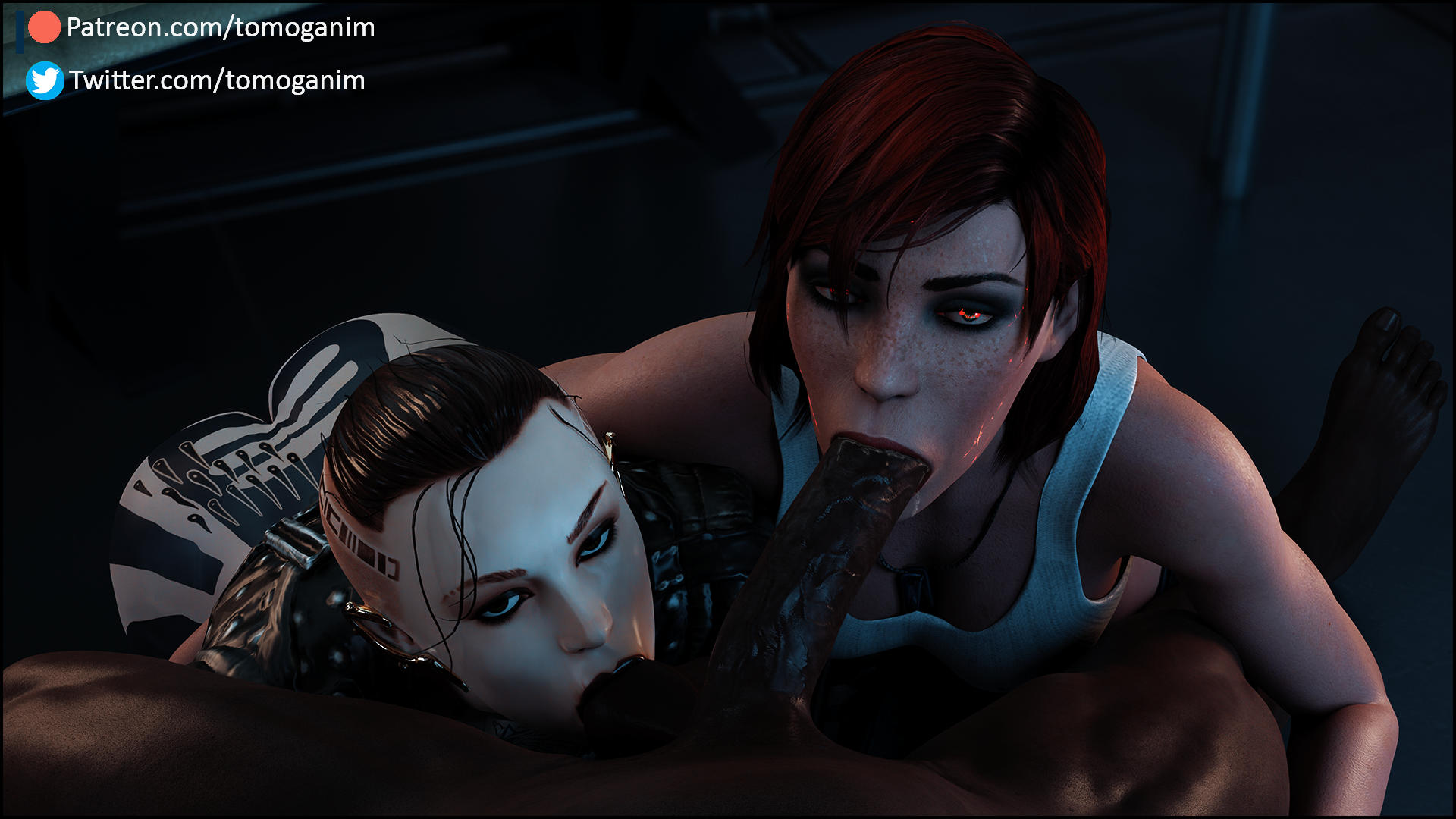 1boy, 2girls, 3d, 3d (artwork), balls, big penis, blowjob, blowjob face, collaborative fellatio, commander shepard, dark skin, dark-skinned male, exposed ass, fellatio, female, femshep, glowing eyes, huge cock, interracial, jack (mass effect), long penis, looking at viewer, male, mass effect, multiple females, multiple girls, normandy crew, nude, nude male, nudity, oral, oral sex, penis, red eyes, red hair, renegade shepard, sucking, sucking balls, sucking penis, sucking testicles, teamwork, testicles, threesome, tomoganim, veins, veiny penis