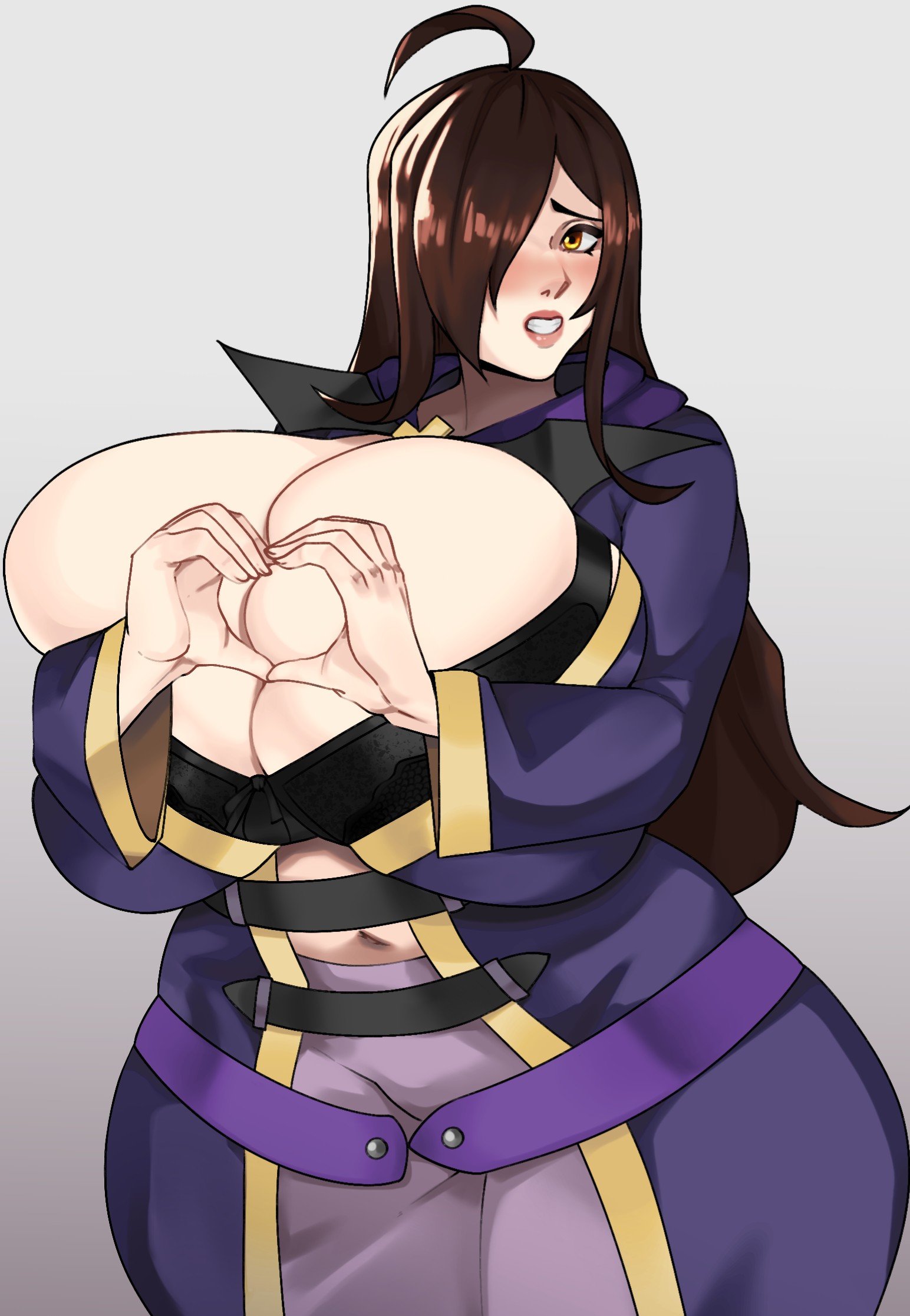 1girls, big breasts, blush, breasts, brown hair, cleavage, clothed, clothing, female, female only, grey background, hand heart, heart, kono subarashii sekai ni shukufuku wo!, large breasts, long hair, looking at viewer, navel, one eye covered, simple background, solo, solo female, strongmoist, voluptuous, wide hips, wiz (konosuba), yellow eyes