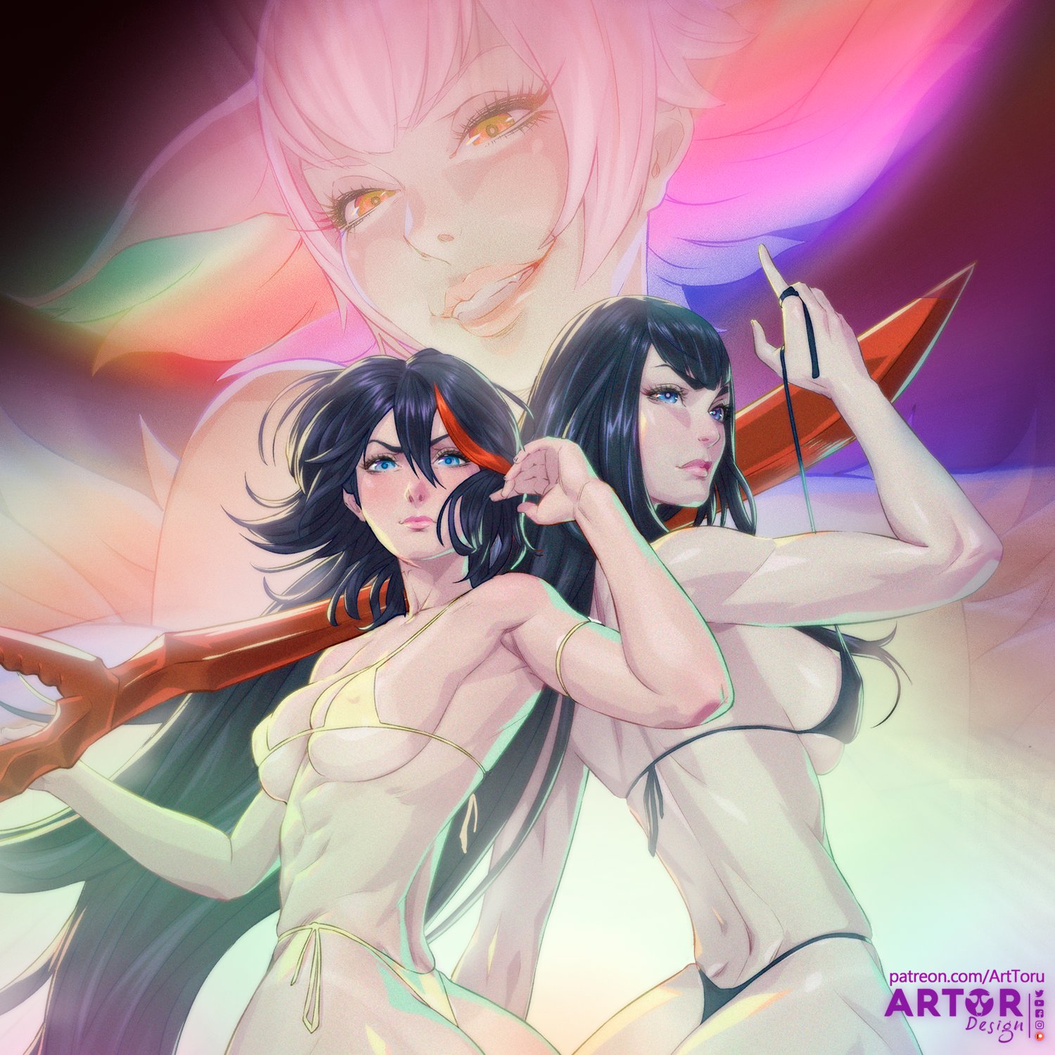 3girls, adult swim, arttoru, ass, ass focus, athletic, athletic female, big ass, boobs and butt pose, breasts, bubble ass, bubble butt, female, female only, huge ass, huge butt, human, kill la kill, kiryuuin ragyou, kiryuuin satsuki, matoi ryuuko, multiple females, multiple girls, sideboob, simple background, sisters, swimsuit, tagme, toonami, underwear