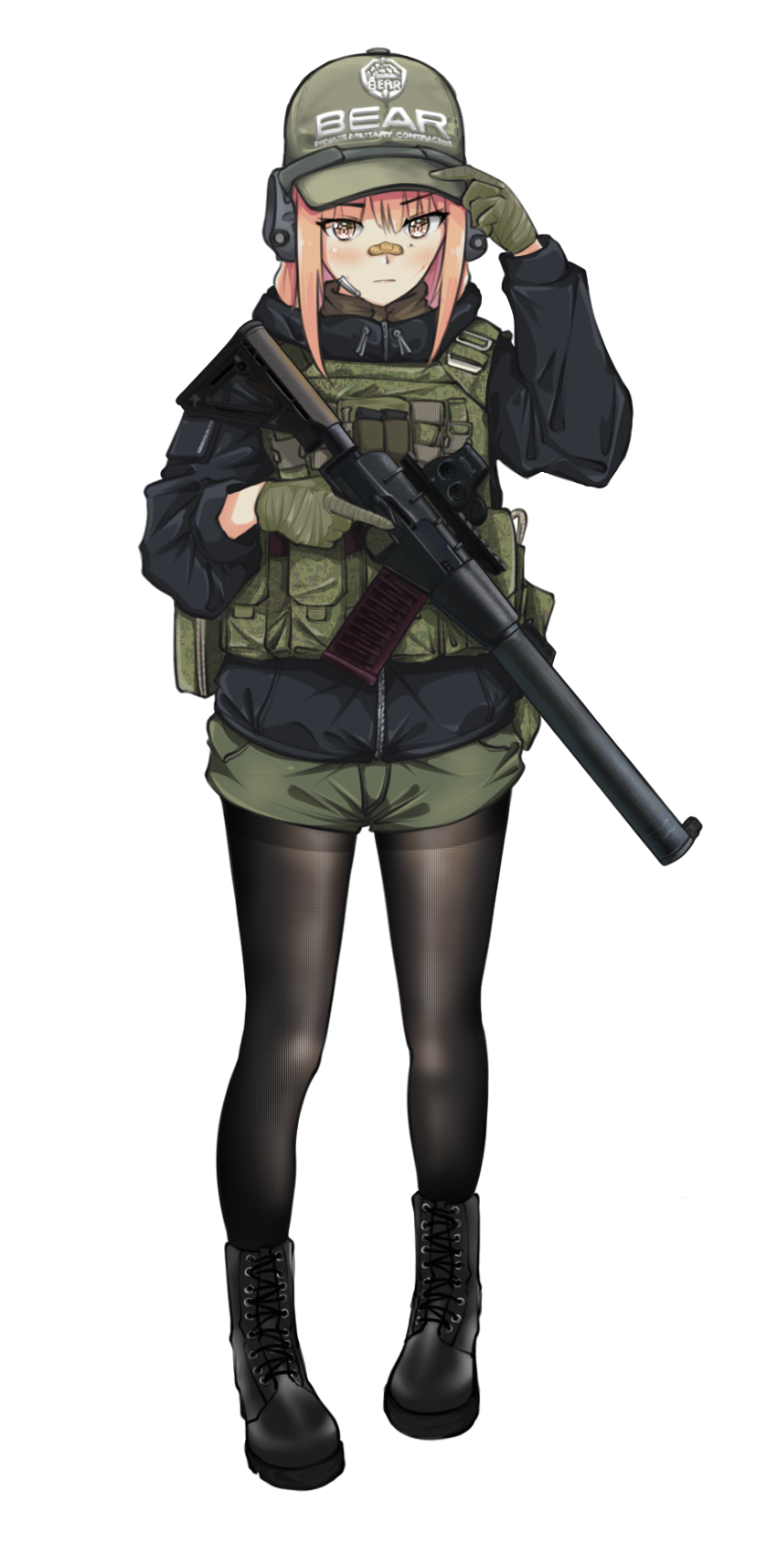 bandage bandage_on_nose bandaid bandaid_on_nose black_jacket boots combat_boots escape_from_tarkov firearm gloves gun hat jacket mole_under_eye pantyhose pinkish_orange_hair safe shorts tagme vest