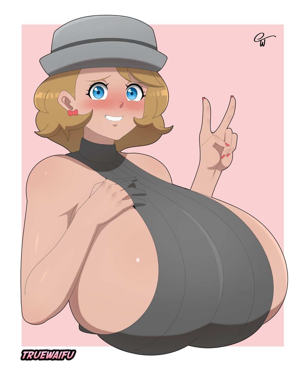 1girls, big breasts, blue eyes, blush, breasts, brown hair, clothed, clothed female, clothing, covered nipples, earrings, embarrassed, female, female only, gigantic breasts, hand on breast, hat, huge breasts, nail polish, nervous, nervous smile, partially clothed, partially nude, peace sign, pokemon, pokemon journeys, pokemon xy, red nail polish, red nails, serena (pokemon), side view, sideboob, smile, truewaifu