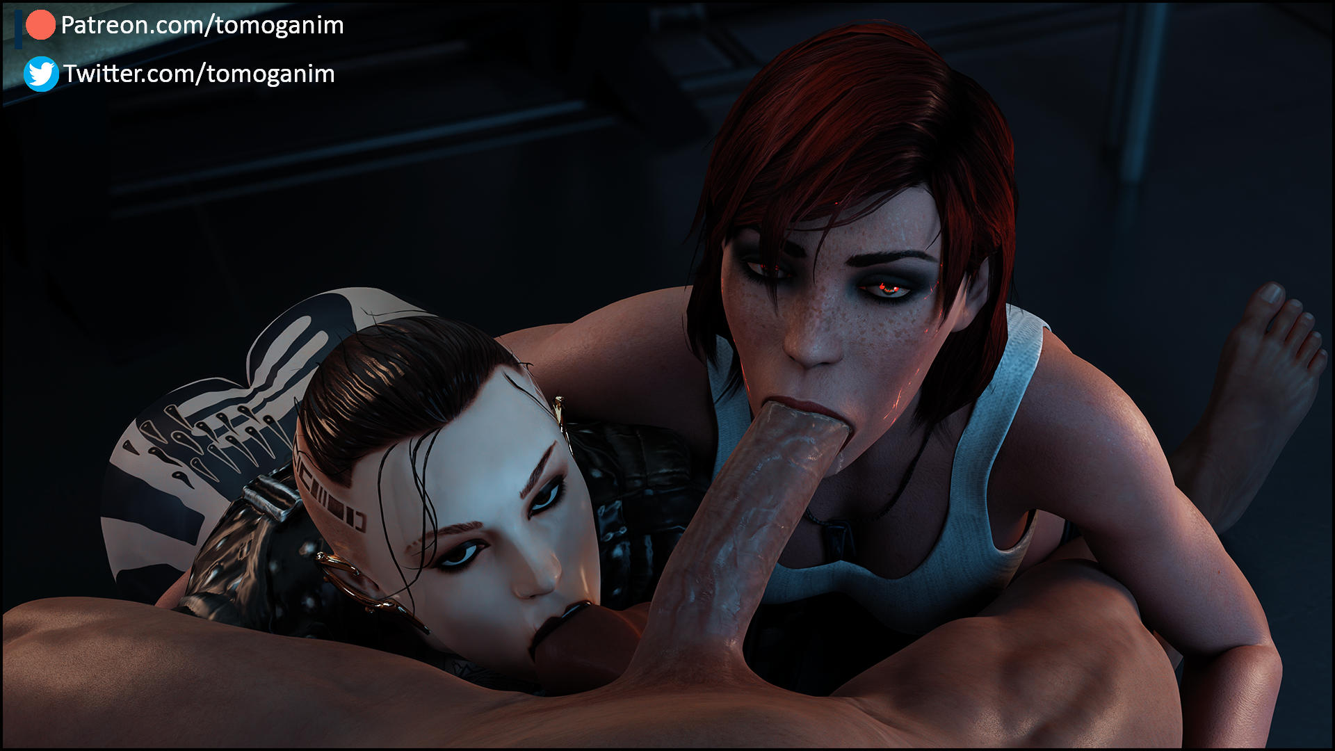 1boy, 2girls, 3d, 3d (artwork), balls, big penis, blowjob, blowjob face, collaborative fellatio, commander shepard, exposed ass, fellatio, female, femshep, glowing eyes, huge cock, jack (mass effect), long penis, looking at viewer, male, mass effect, multiple females, multiple girls, nude, nude male, nudity, oral, oral sex, penis, red eyes, red hair, renegade shepard, sucking, sucking balls, sucking penis, sucking testicles, teamwork, testicles, threesome, tomoganim, veins, veiny penis