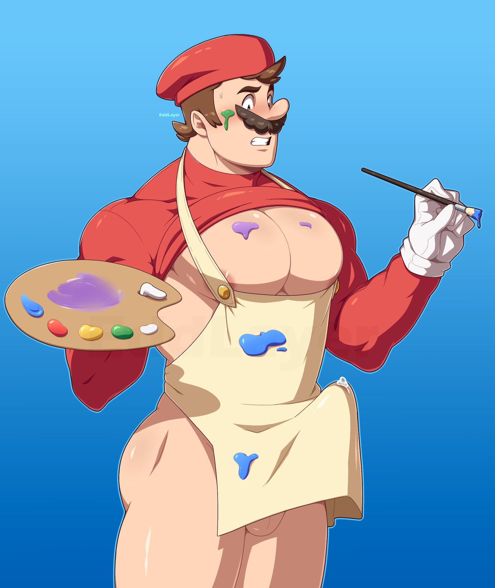 1boy, areola, areola slip, balls, bara, big pecs, big penis, blush, bottomless, bulge, edd layerex, erection, gay, gloves, hat, male, male only, mario, mario (series), muscular, muscular male, nintendo, nipples, paint, painter, pecs, penis, red shirt, shirt, solo, super mario odyssey, yaoi