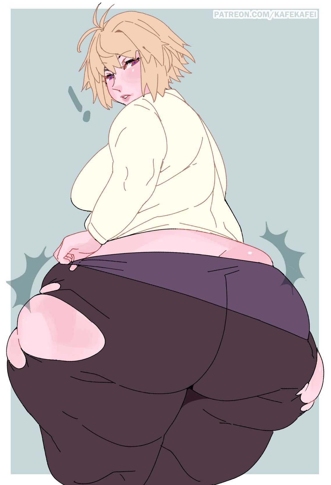 ! arcueid_brunestud big_ass black_legwear blonde_hair bottom_heavy chubby chubby_female fat female female_only fully_clothed gigantic_ass huge_ass hyper_ass kafekafei looking_at_viewer looking_back pantyhose plump short_hair solo surprised thick_thighs thunder_thighs tight_clothing tights torn_clothes torn_legwear torn_pantyhose tsukihime type-moon wardrobe_malfunction weight_gain