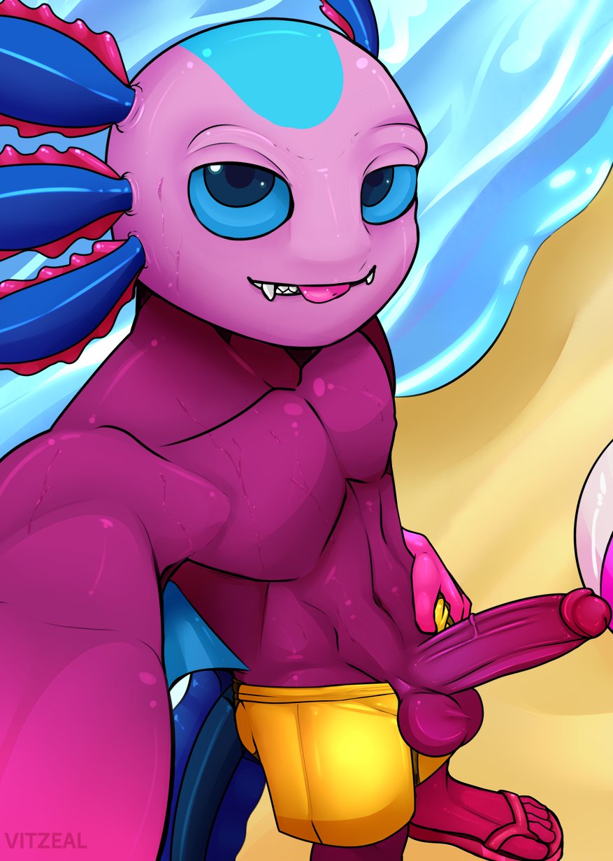 amphibian anthro axo_(fortnite) axolotl beach bodily_fluids clothing epic_games feet fortnite gay genitals hi_res male mole_salamander outside penis presenting presenting_penis salamander_(amphibian) seaside shirtless shirtless_male solo sweat swimming_trunks swimwear t5_toes toes video_games vitzeal