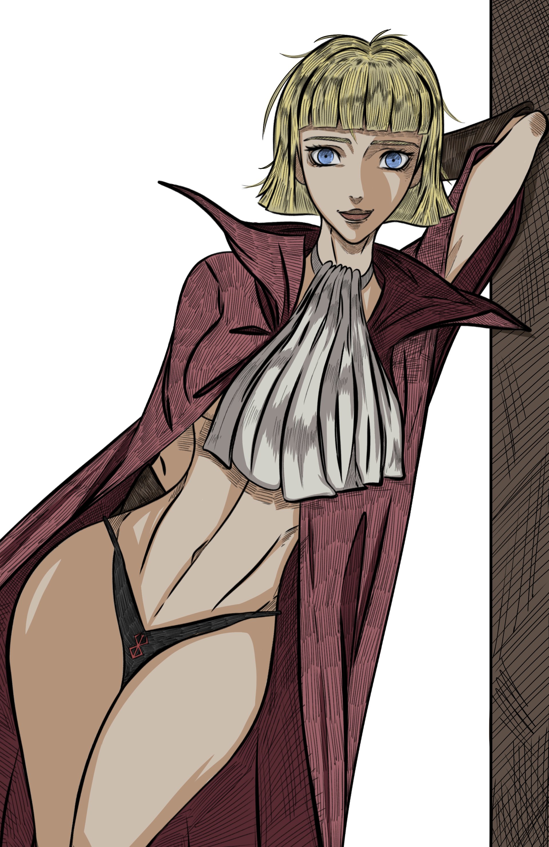 1girls, arm up, belly, berserk, blonde hair, blue eyes, bob cut, breasts, curvy, farnese, farnese de vandimion, female, female only, fringe, human, leaning against wall, lidawida, light skin, light-skinned female, lips, short hair, solo, thick, thick lips, thick thighs, thighs, tummy, waist, wide hips