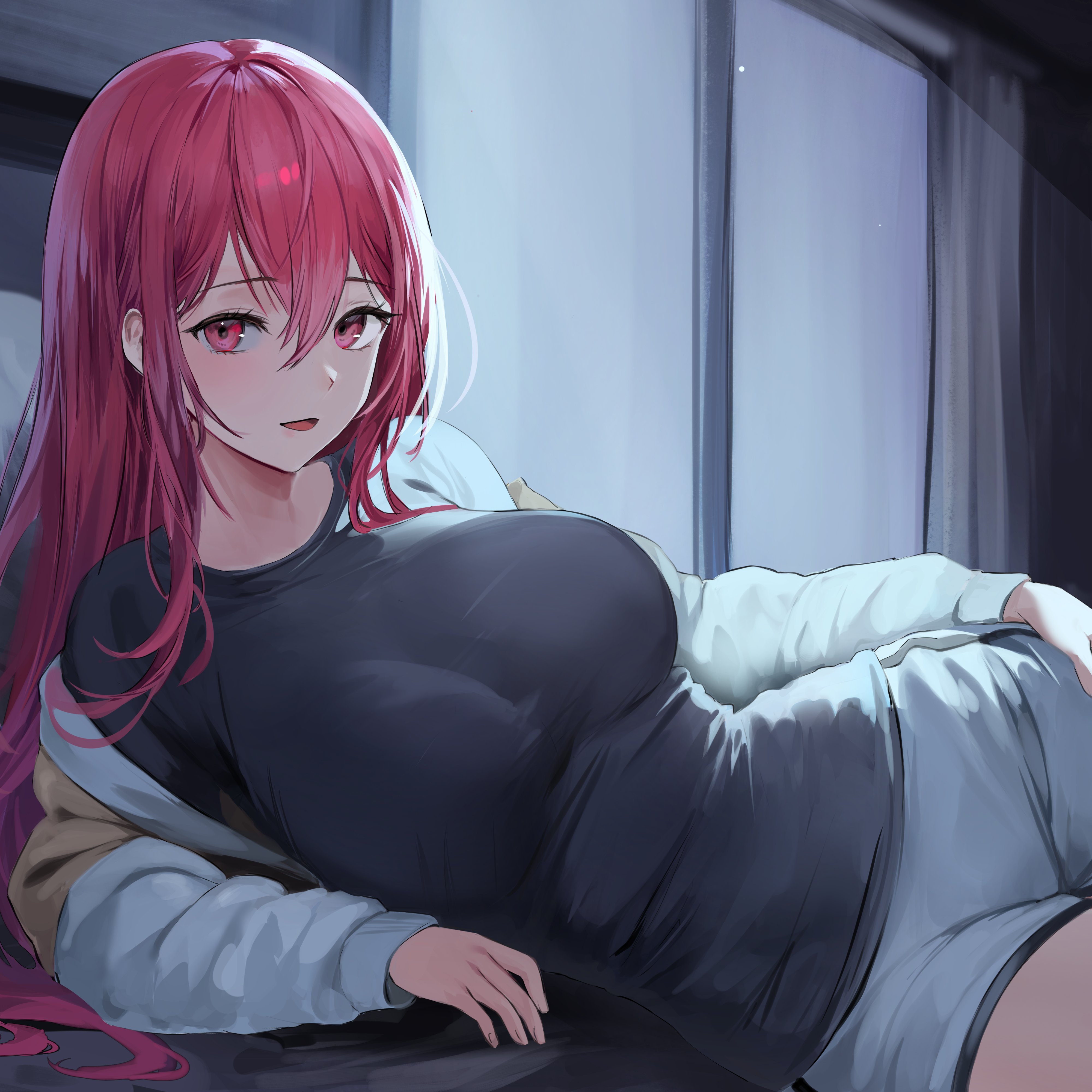 bed, big breasts, breasts, bust-waist contrast, character request, curvaceous, curves, curvy, curvy body, curvy female, curvy figure, female, hips, huge breasts, in bed, inframammary clothing crease, large breasts, lillly, long hair, on bed, red eyes, red hair, solo, thick, tight clothing, waist