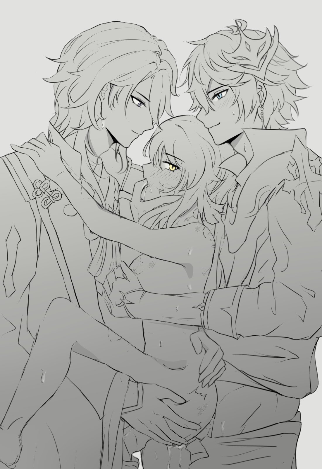 1girls, 2boys, anal, anal sex, artist request, bishonen, bite mark, carrying position, childe (genshin impact), dominant male, domination, double penetration, female, finger in mouth, genshin impact, hickey, kamisato ayato, larger male, lumine (genshin impact), male, maledom, mmf threesome, pretty boy, pussy, romantic, sandwiched, size difference, smaller female, submissive, submissive female, tartaglia (genshin impact), threesome, unbuttoned pants, vaginal penetration