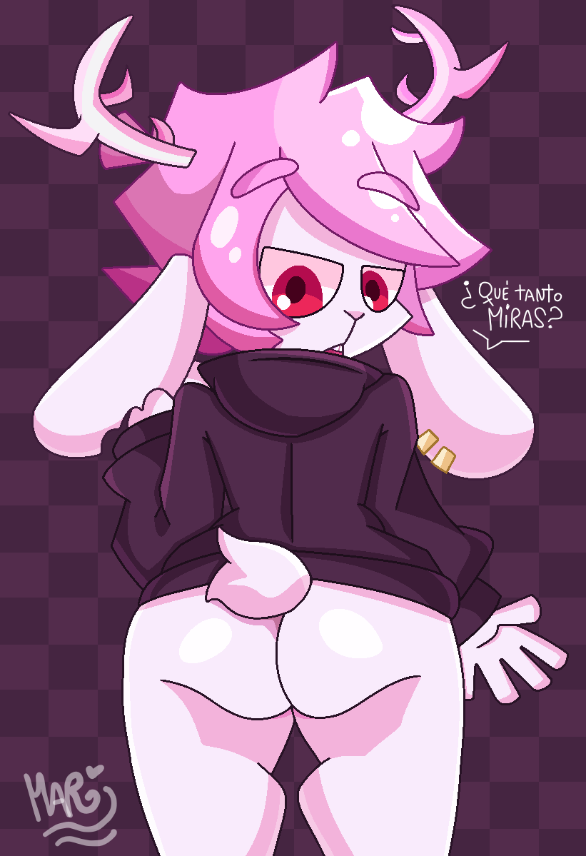 1boy 2022 anthro anthro_only ass ass_focus bunny_ears bunny_tail cherubiesan furry furry_only fzst horn looking_at_ass looking_at_own_ass looking_back pink_fur pink_hair red_eyes short_hair short_hair_male spanish_text surprised tail text youtube youtube_hispanic