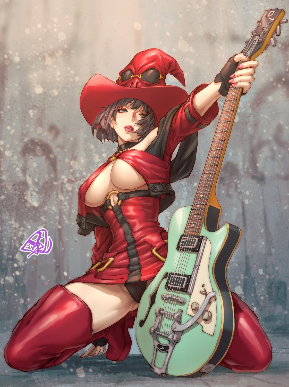 1girls big_breasts breasts cameltoe e_i_s_h_u_n_(artist) female guilty_gear guitar guitarist heterochromia i-no large_breasts lips musician playing_guitar playing_music punk_girl rock tagme thick_lips thighs witch witch_hat