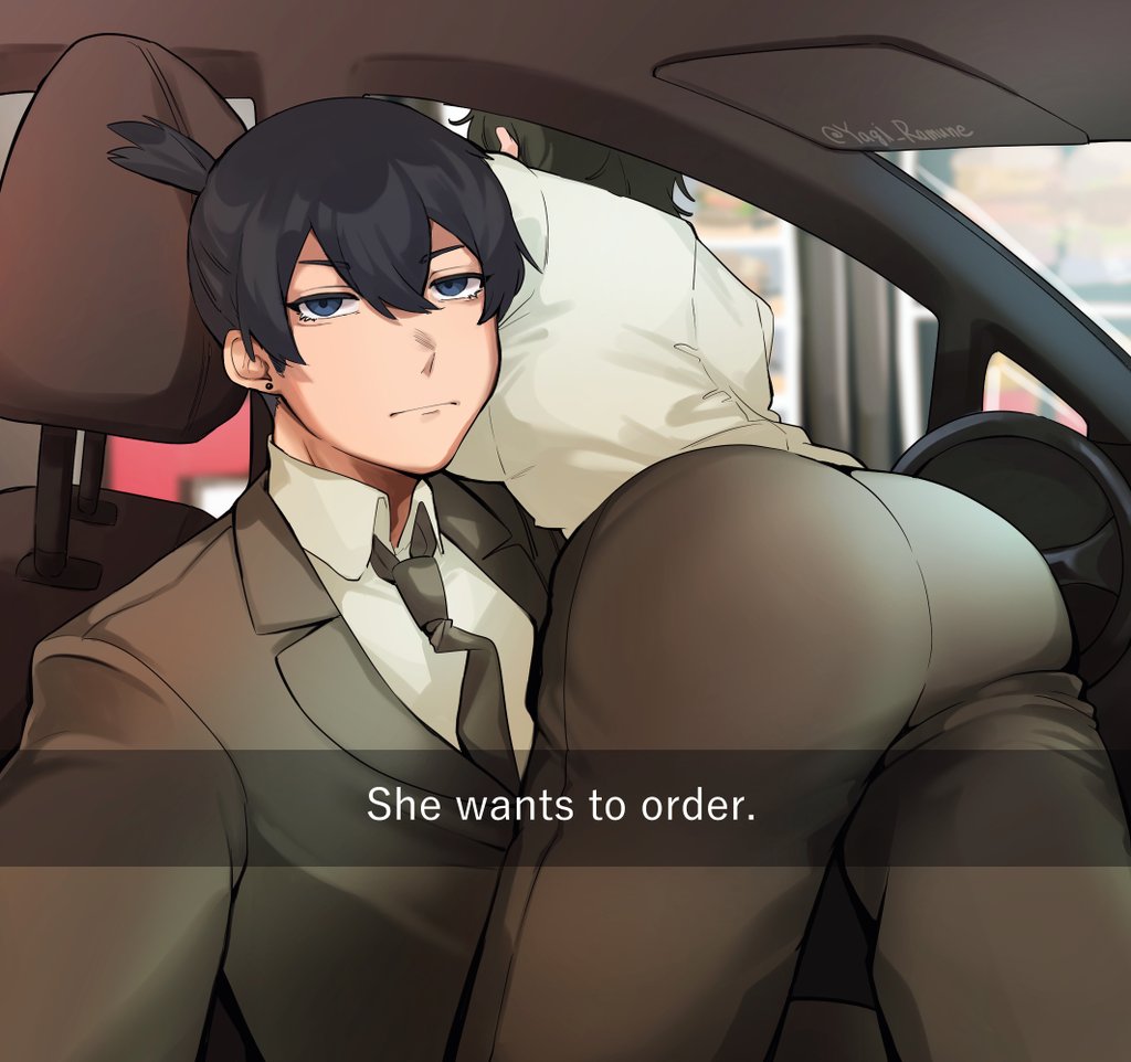 1boy, 1girls, ass, ass focus, bubble ass, bubble butt, chainsaw man, female, hayakawa aki, he wants to order, himeno (chainsaw man), male, mappa, meme, selfie, she wants to order, tagme, tight clothing, tight fit, tight pants, yagi ramune